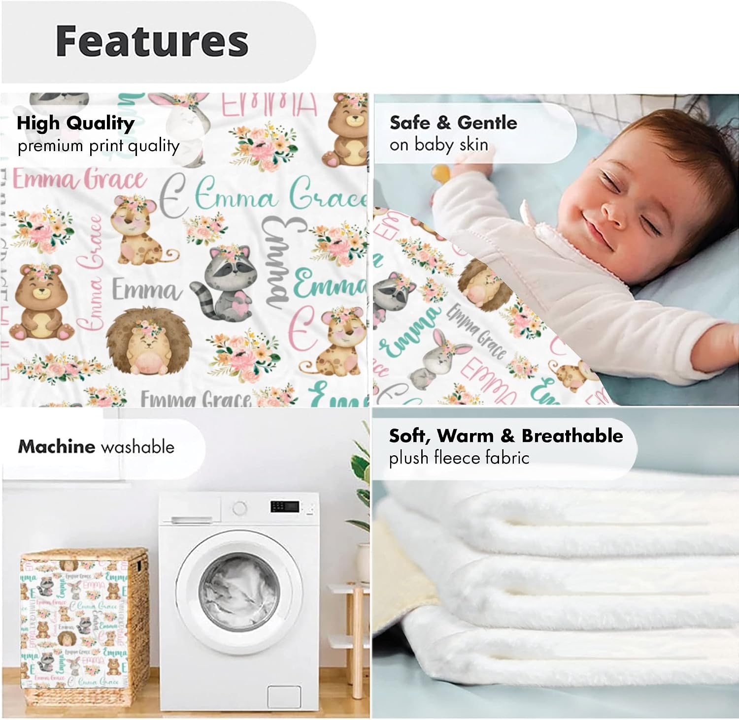 Personalized Woodland Creatures Baby Blanket, Custom Name Soft Fleece Forest Animals Nursery Decor, Cute Bear & Bunny Cozy Swaddle, Hedgehog & Raccoon Infant Cuddle Quilt, Newborn Gift