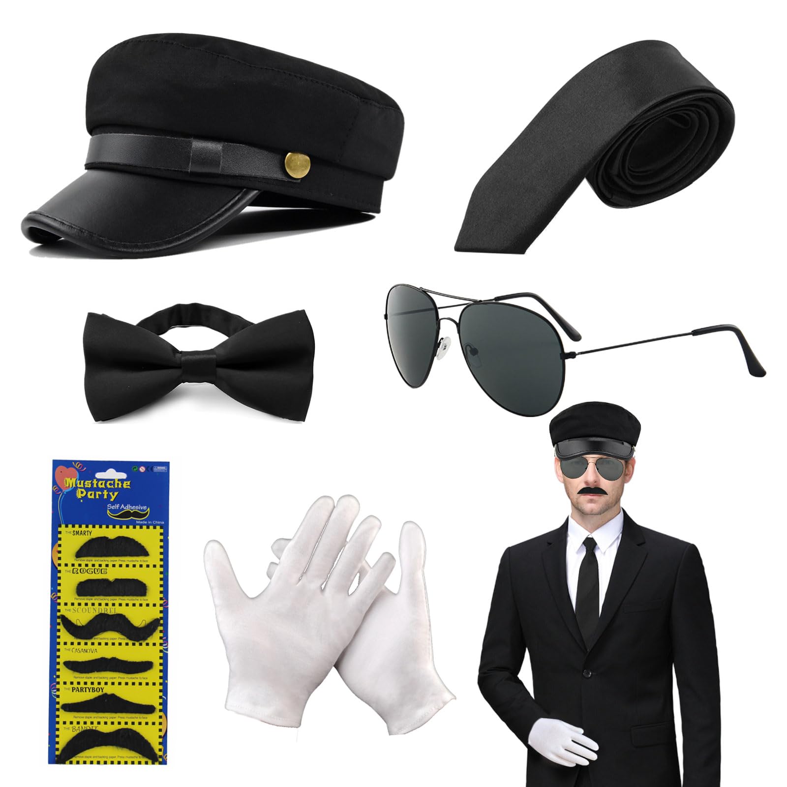 XNIVUIS 6 Pcs Pieces Chauffeur Costume Accessories Novelty Driver Costume Black Hat Sunglasses Bow Tie Gloves fake beard 1980s Gangster Biker Costume Accessories for Cosplay Theme Party (black)