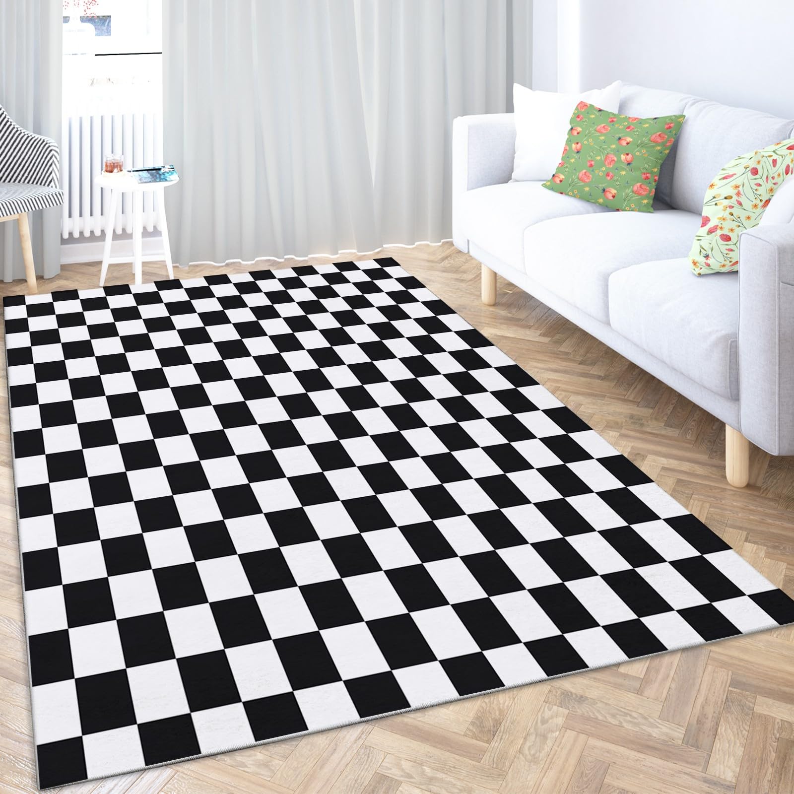 Générique Tapis de Chambre 80x150cm Damier Noir Et Blanc Tapis Salon Doux à Poils Courts, Tapis Antidérapant Tapis Lavable en Machine, Tapis de Plancher pour Intérieur Exterieur