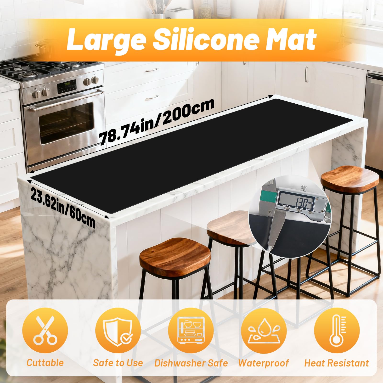 Silikonmatte Extra Groß, 200x60x0.13cm Silikonmatte Schwarz, Malunterlage für Kinder, Rutschfeste und Abwaschbar, Bastelunterlage Kinder, Silikon Unterlage für Malen, DIY Handwerk