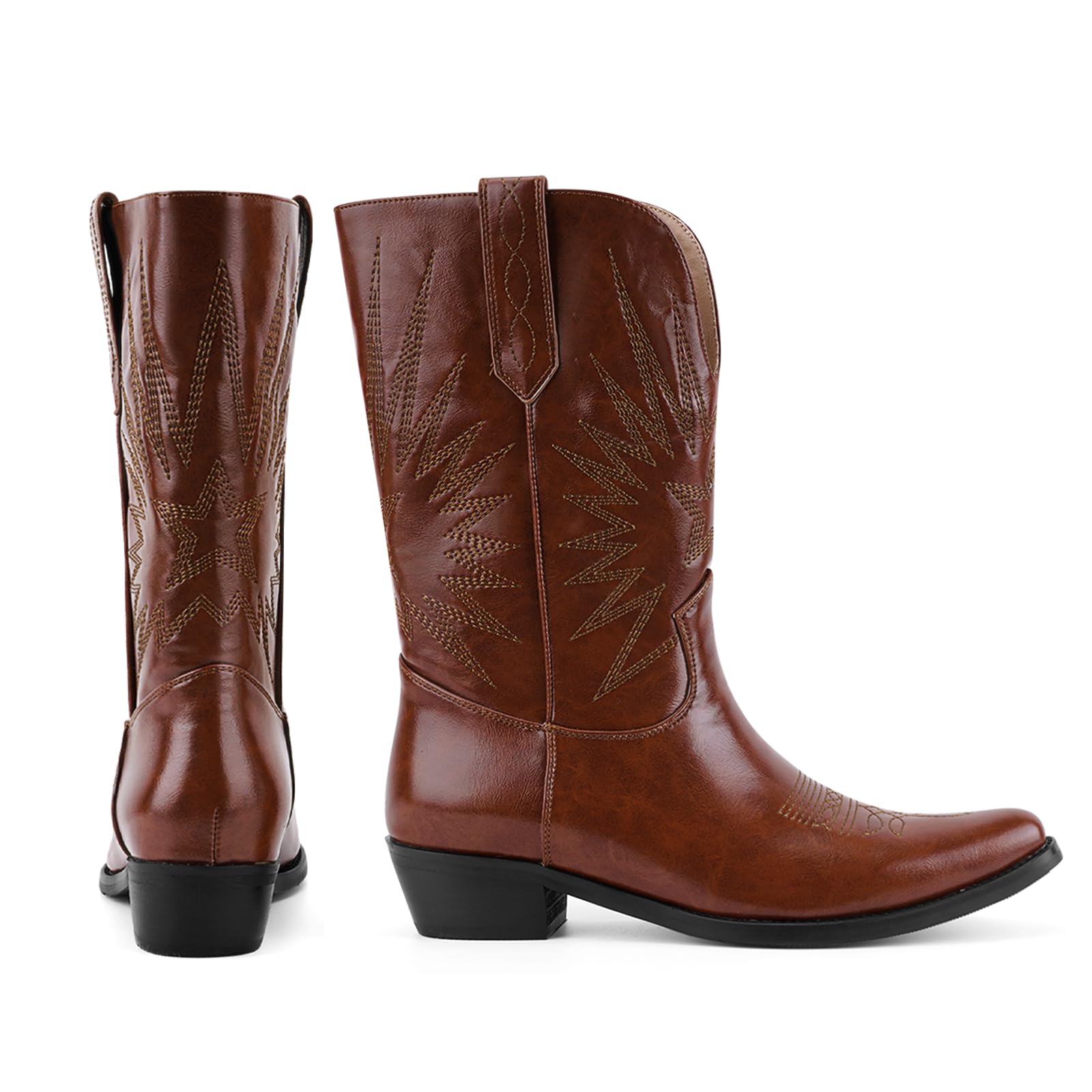 QIV Mid Calf Boots for Women Short Western Cowgirl Boots With Star Embroidery Pointed Toe Low Heel Easy