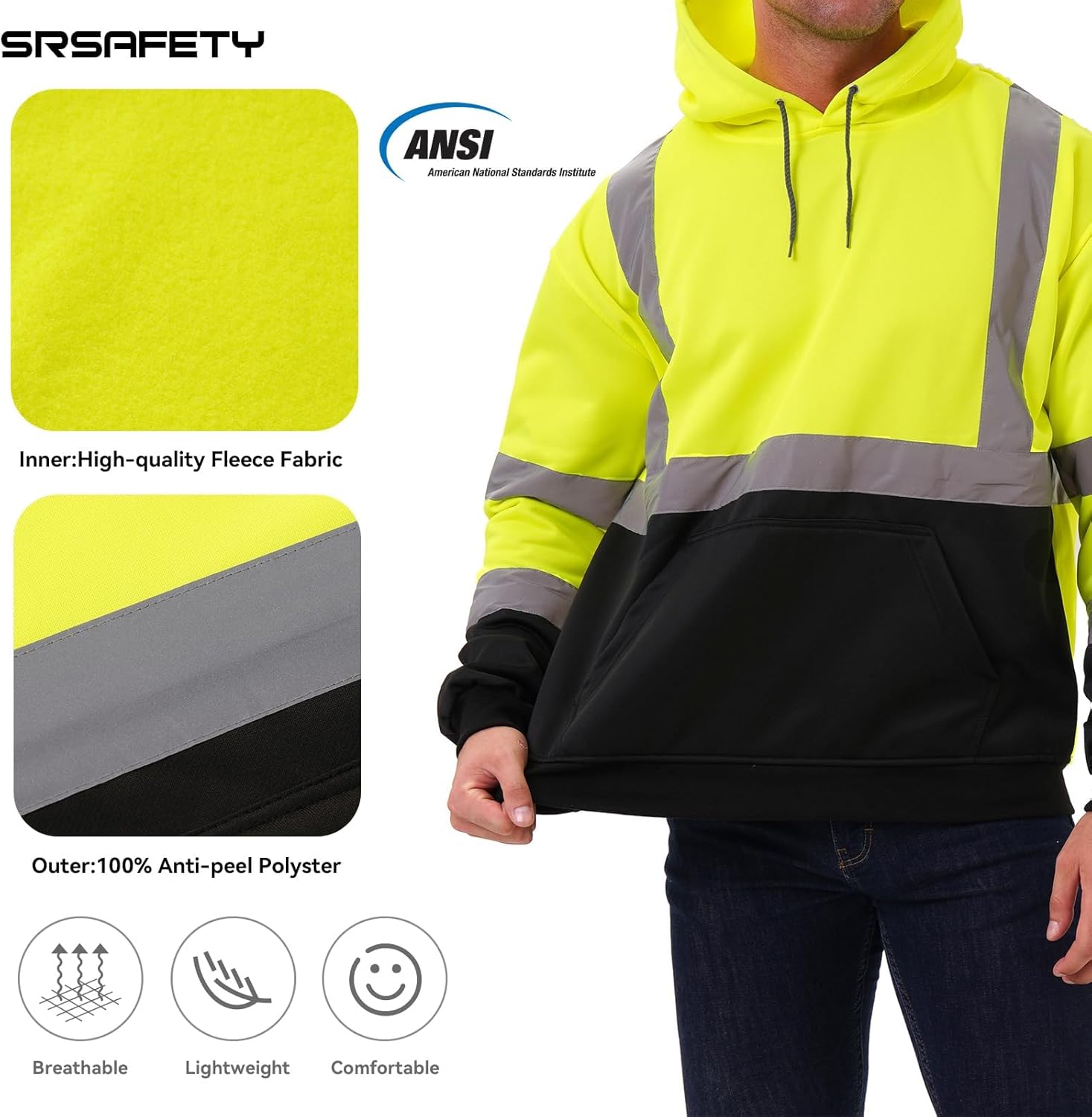 SRsafety High Visibility Safety Hoodie for men,Reflective Safety Sweatshirt with Black Bottom,Work Hoodies for Men＆Women