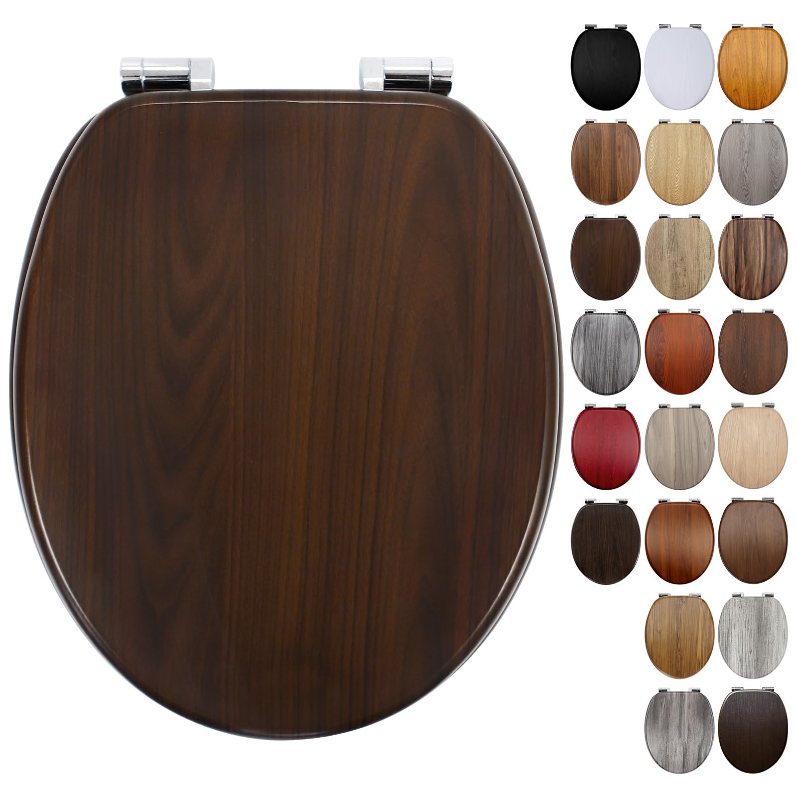 Fanmitrk Wooden Toilet Seat with Soft Close Adjustable Solid Zinc Alloy Hinges, MDF Wood Oval Dark Walnut Toilet Seat with Bottom Fixings, Easy to Clean and Install (18G24803)