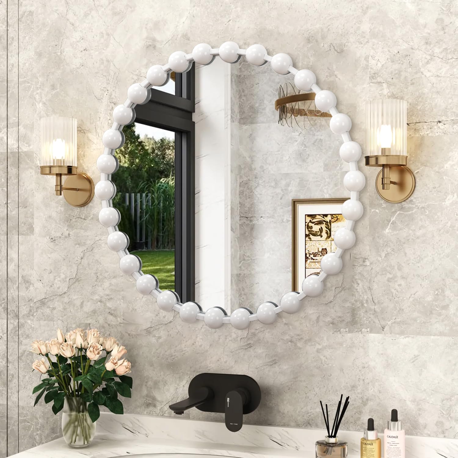 AAZZKANG Specchi circolari bianchi da parete con cornice in metallo con perline Specchio rotondo grande per bagno e camera da letto