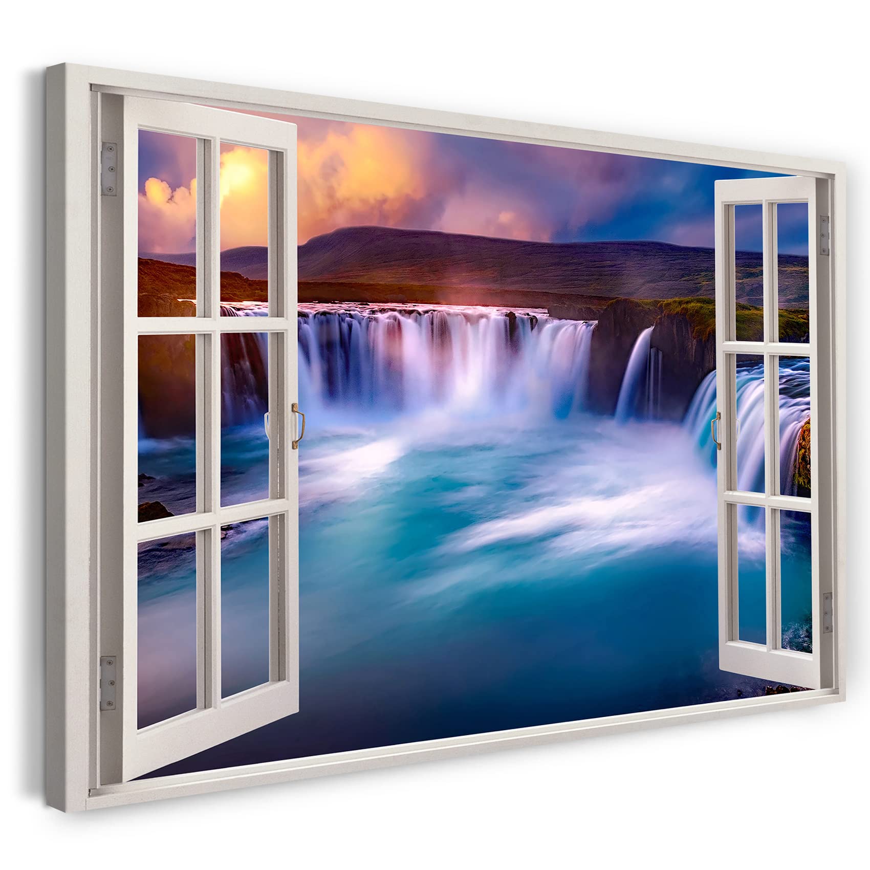 Print on Canvas (100x70 cm) view from the window - waterfalls nature sunset long exposure - nature photography, real wood frame with hook