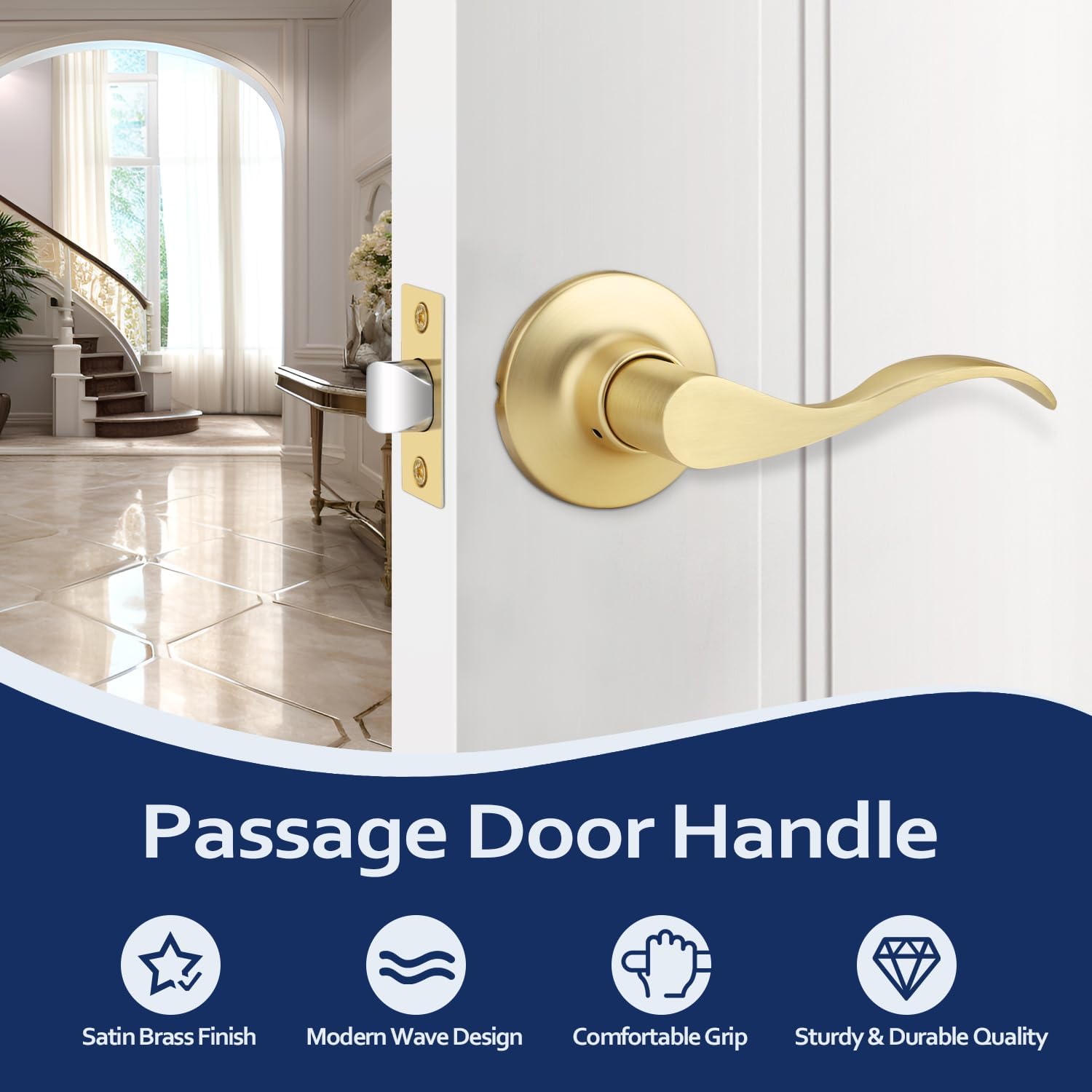 Gold Door Handles, 3 Pack Interior Door Knob, Keyless Door Lever with Passage Function, Satin Brass Door Lever for Right Handing Door, Wave Door Handles for Closet or Hall