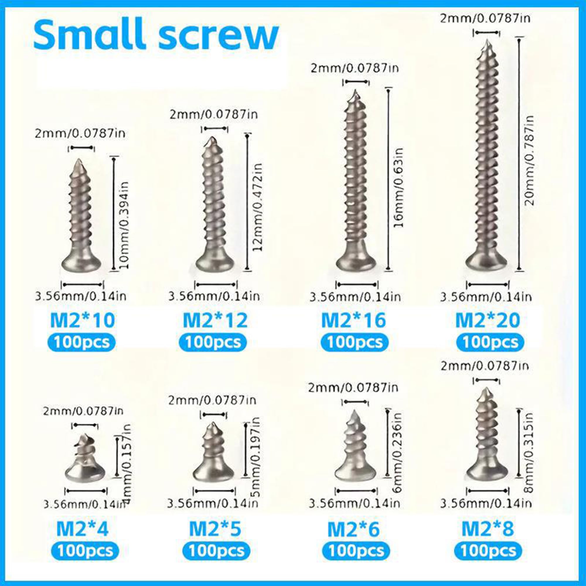 A-DIGISHUO 800Pcs M2 Kit Assorted Carbon-Steel Phillips Flat Head Self-Tapping Wood Screws - Image 3