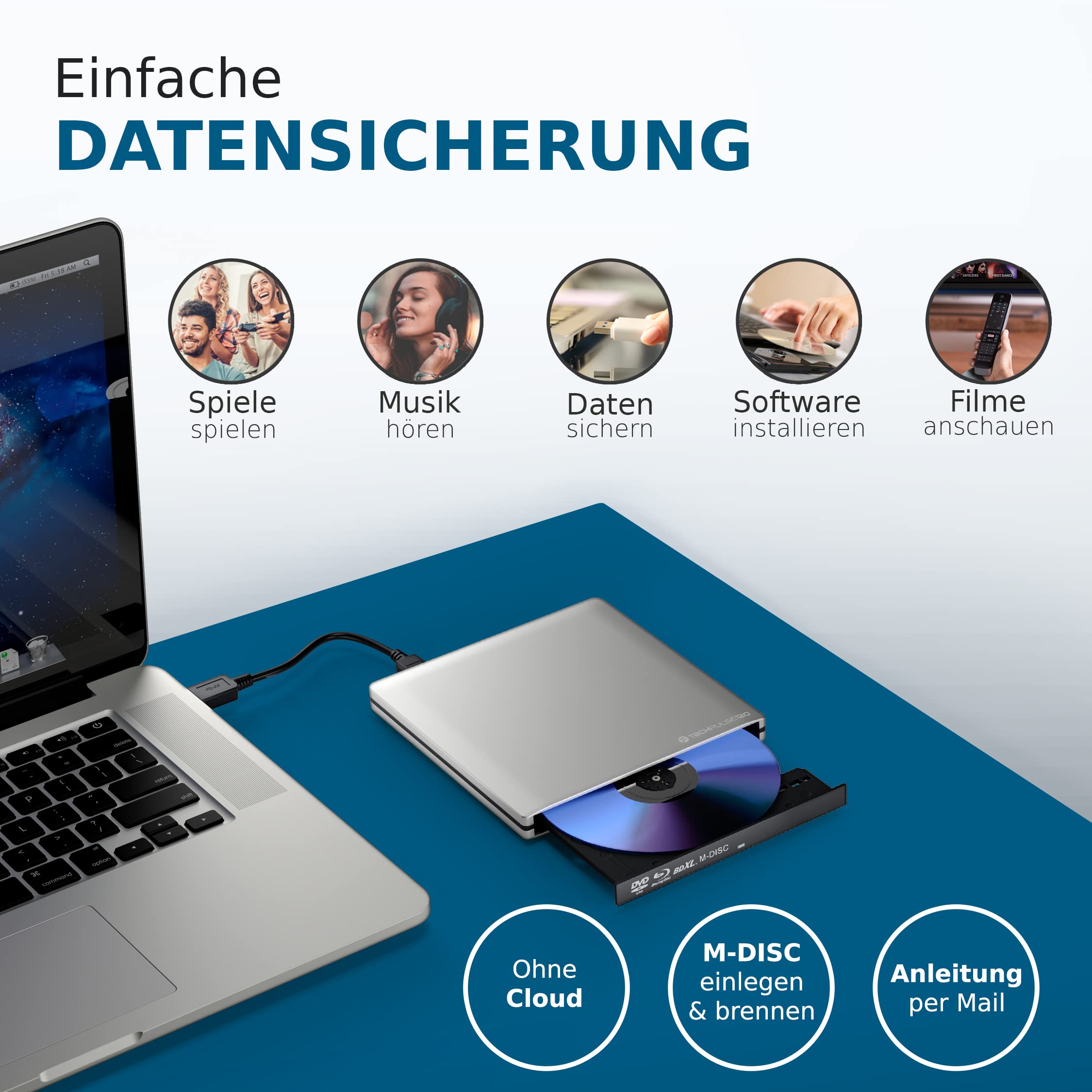techPulse120 USB 3.1 Typ-C externer M-Disc BDXL Blu-ray Brenner Player Superdrive Laufwerk BD DVD CD Slim für Computer PC Desktop Notebook Windows Mac OS Apple iMac MacBook Pro Air Aluminium Silber
