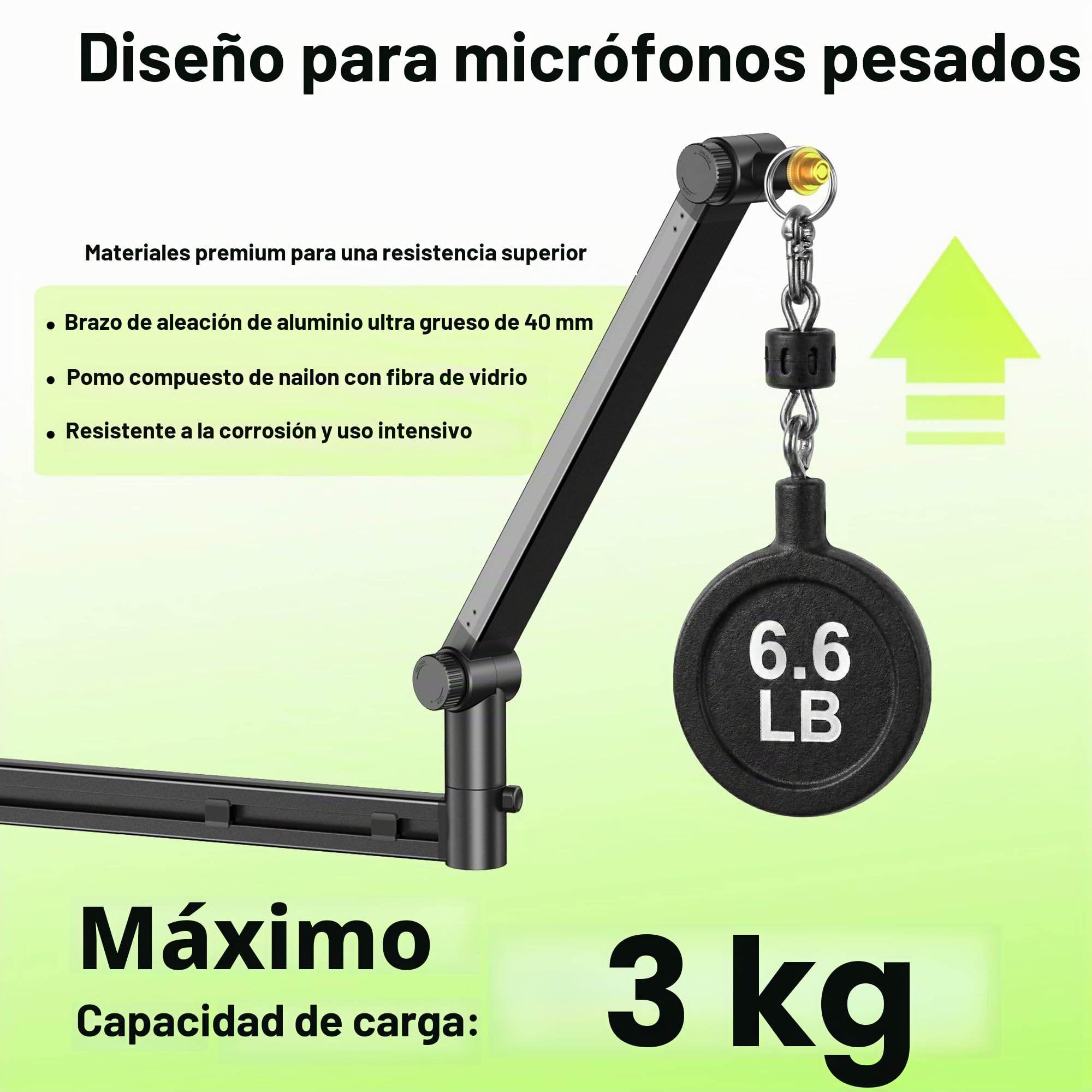 Brazo de suspensión bajo perfil (diseñado para micrófonos pesados) - Capacidad de carga de 3 kg, estructura de bloqueo de engranaje estable que nunca se baja, soporte de micrófono de metal montado en