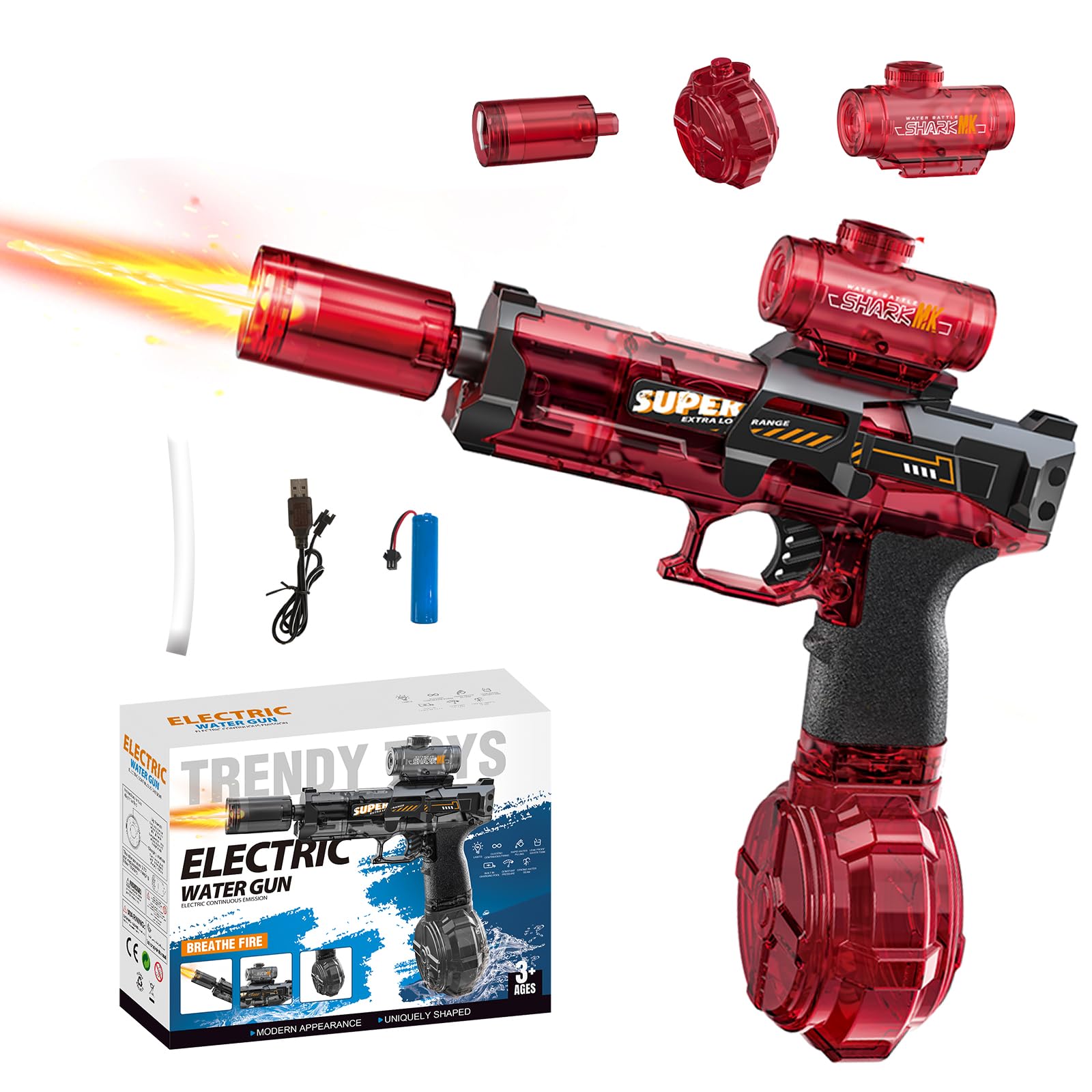 320ml Electric Water Guns, Water Pistol with Muzzle Flash, USB Rechargeable Water Gun Toys, Range 22-26 FT, Full Automatic Electric Squirt Gun for Adults Kids, Summer Beach Pool Party Game (red)