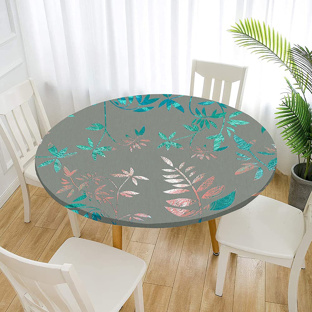 Fansu Green Round Tablecloth Waterproof Wipe Clean, Flower Circular Tablecloths Fitted Elastic Edged, Stain Resistant Polyester Table Cover For Dinning Kitchen Picnic Party (,Diameter 90Cm)