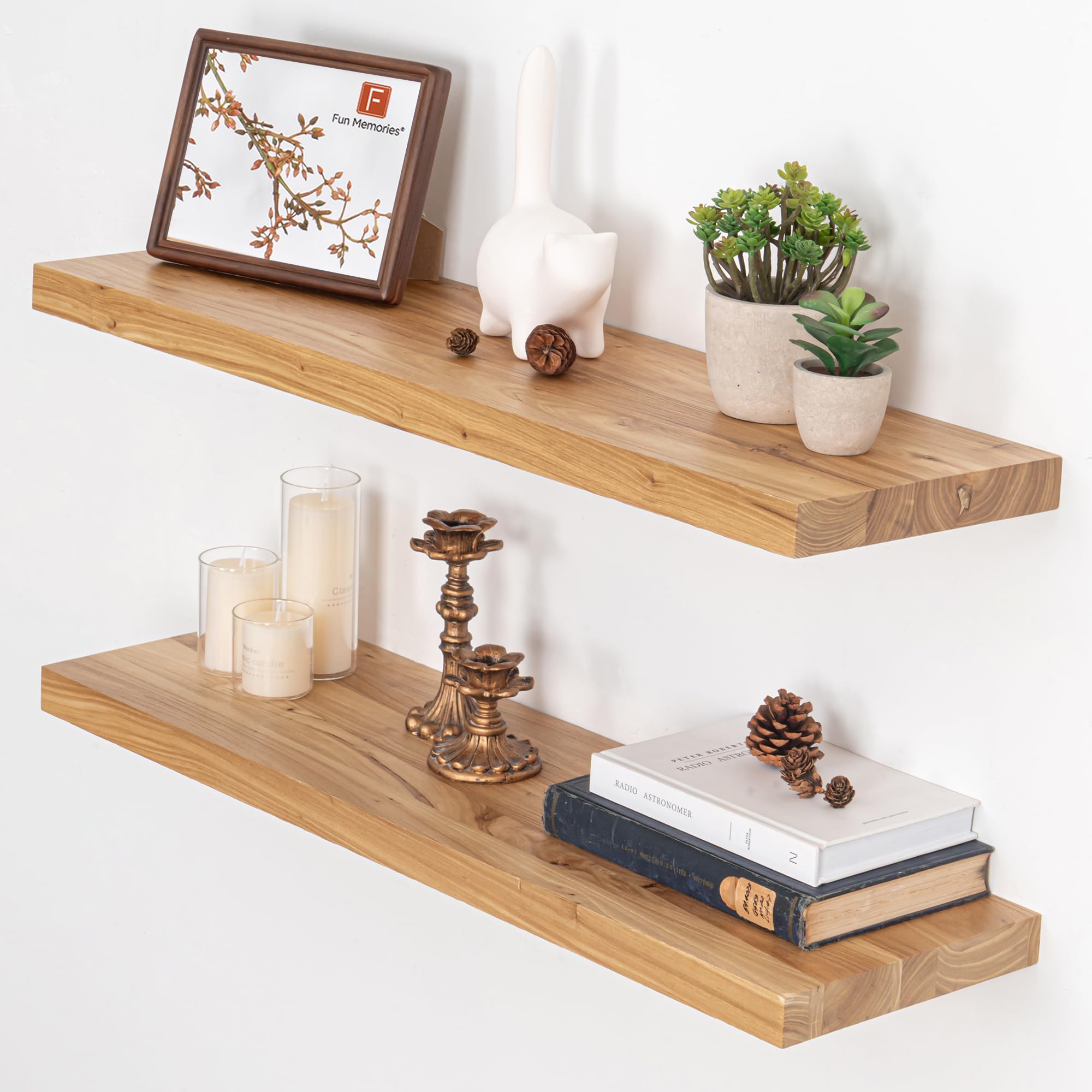 Estantes flotantes para pared, 32 pulgadas de ancho x 9.3 pulgadas de profundidad x 1.5 pulgadas de alto, estantes de pared de madera de olmo maciza, juego de 2 con soporte de metal invisible