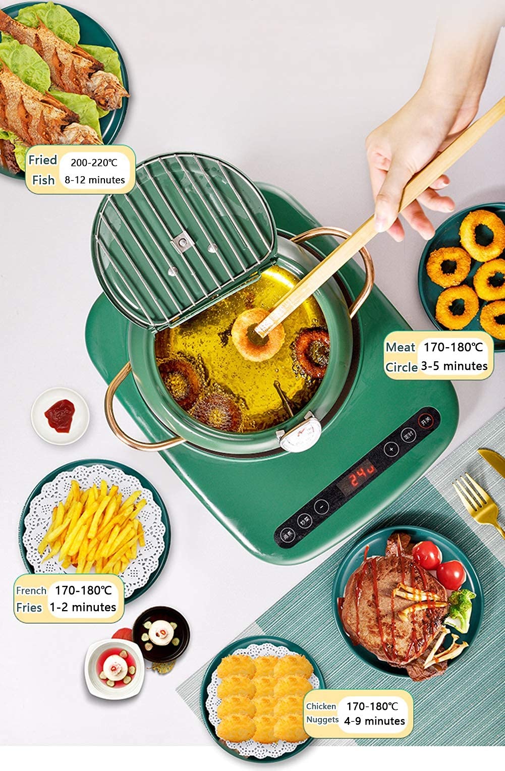 Japanese Deep Frying Pan With Thermometer & Lid - 2200ML Nonstick Stainless Steel Tempura Fryer For Chicken, Fish, Shrimp (Green)
