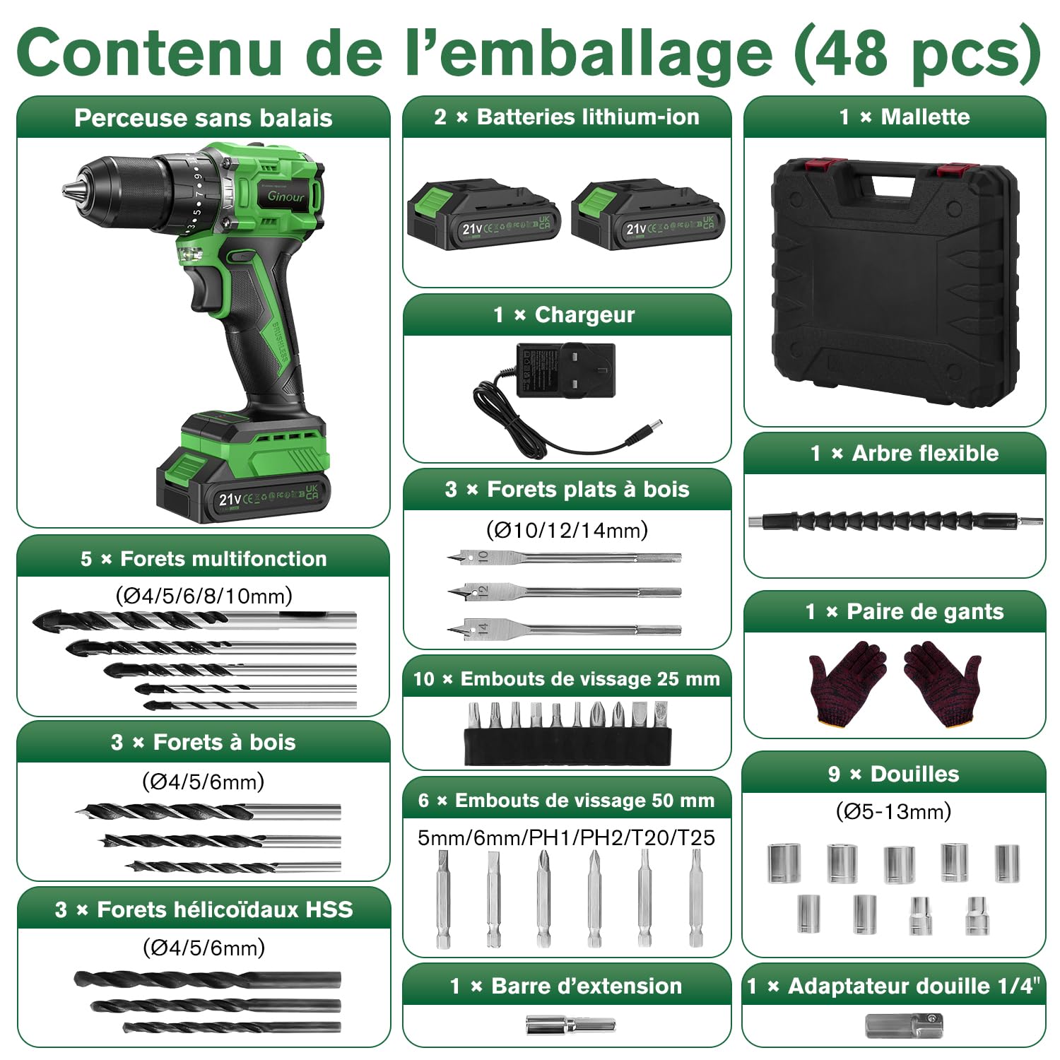 Ginour Brushless Perceuse-Visseuse à Percussion sans fil 50Nm, 21V Visseuse Devisseuse avec 2 Batteries 2Ah, 800W Moteur sans Balai, 47 Accessoires & coffret, 23+3 Couple, 2 Vitesses,10mm Mandrin LED