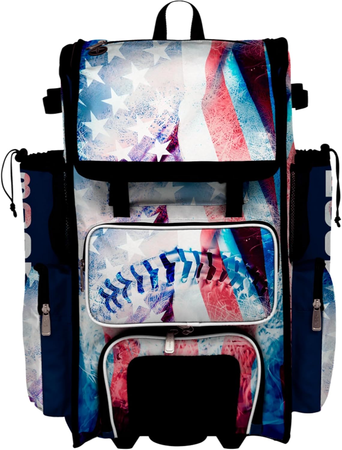 Boombah Superpack Hybrid Rolling Bat Bag - Wheeled & Backpack Version - USA Baseball Flag White/Royal Blue/Red
