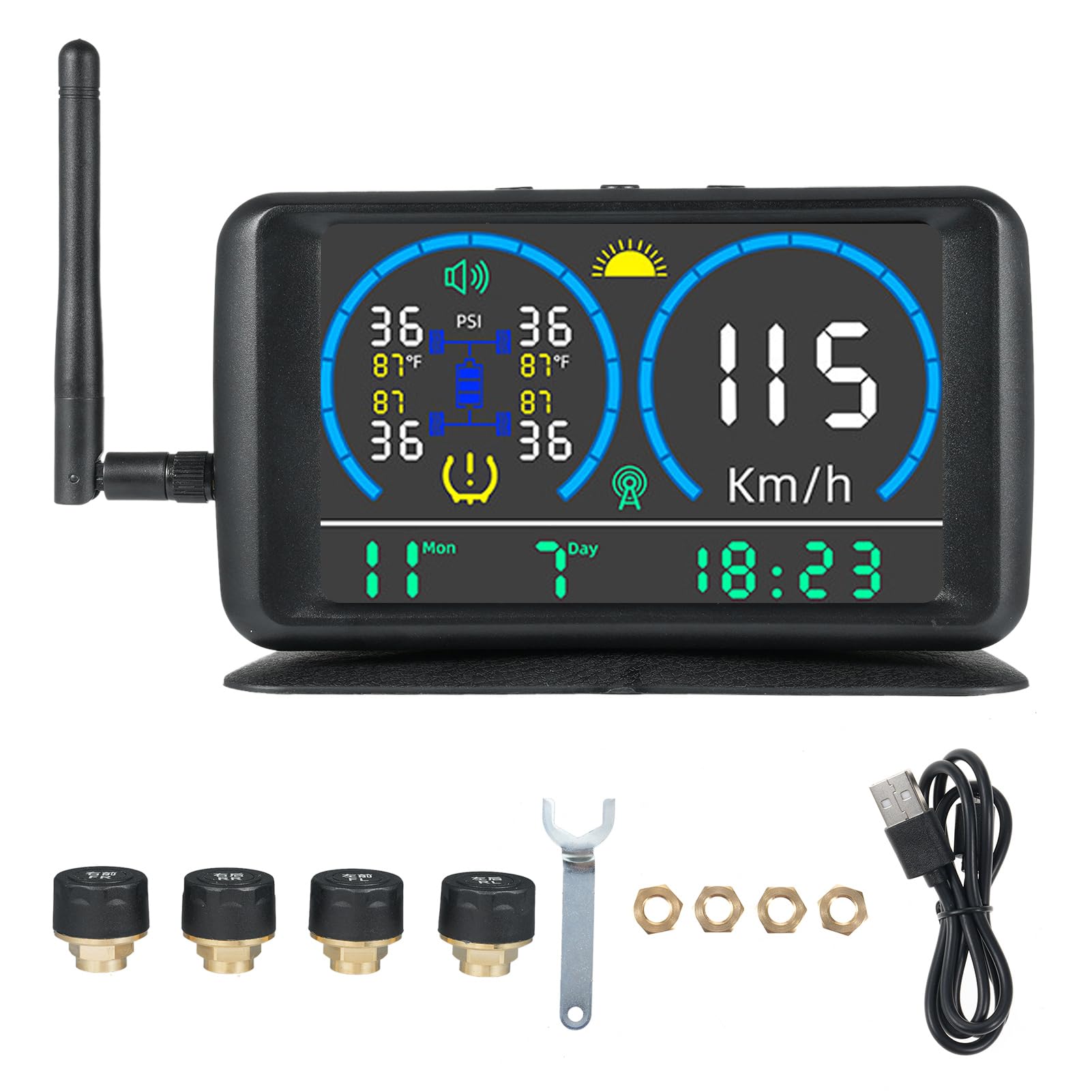 Sistema di monitoraggio della pressione dei pneumatici Carica solare e carica USB 5 '' Solar RV TPMS con 4 sensori e 4 modalità di allarme con display LCD a colori 0-13Bar/0-188PSI per camion pesanti