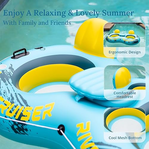 Miniatura 3 de 2025 Upgrade River Tube Floats for Adults Heavy Duty Pool Floats Inflatable Water Tube with Cup Holeder, Drink Cooler and Mesh Bottom Backrest (2