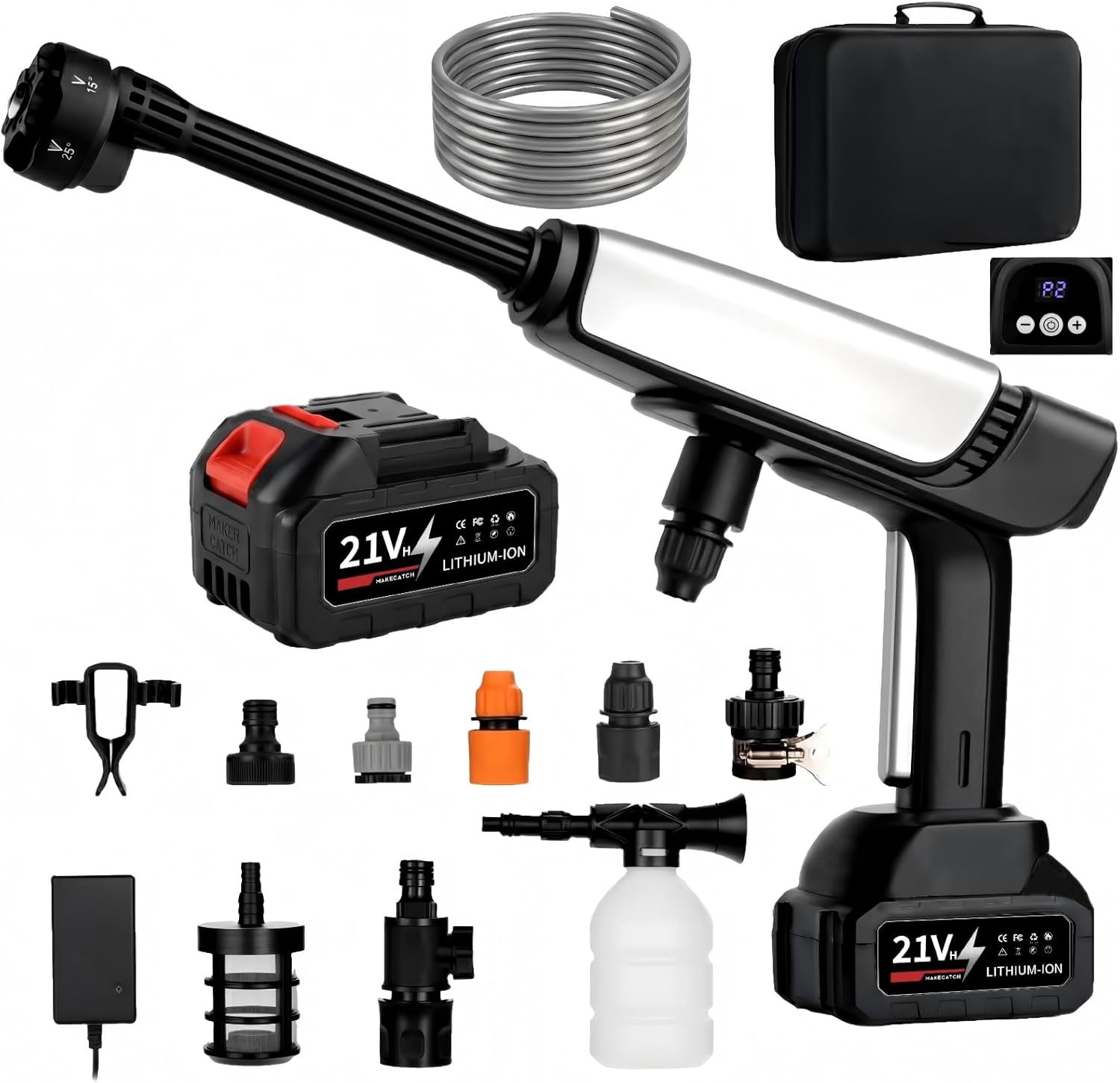 Cordless Pressure Washer, 1250 PSI Portable Power Washer with 1pcs 21V Battery&Digital Display&6-in-1 Nozzle, Auto-Spray Mode, 2-Speed Levels, Handheld Washer Gun for Patio/Fence/Vehicle