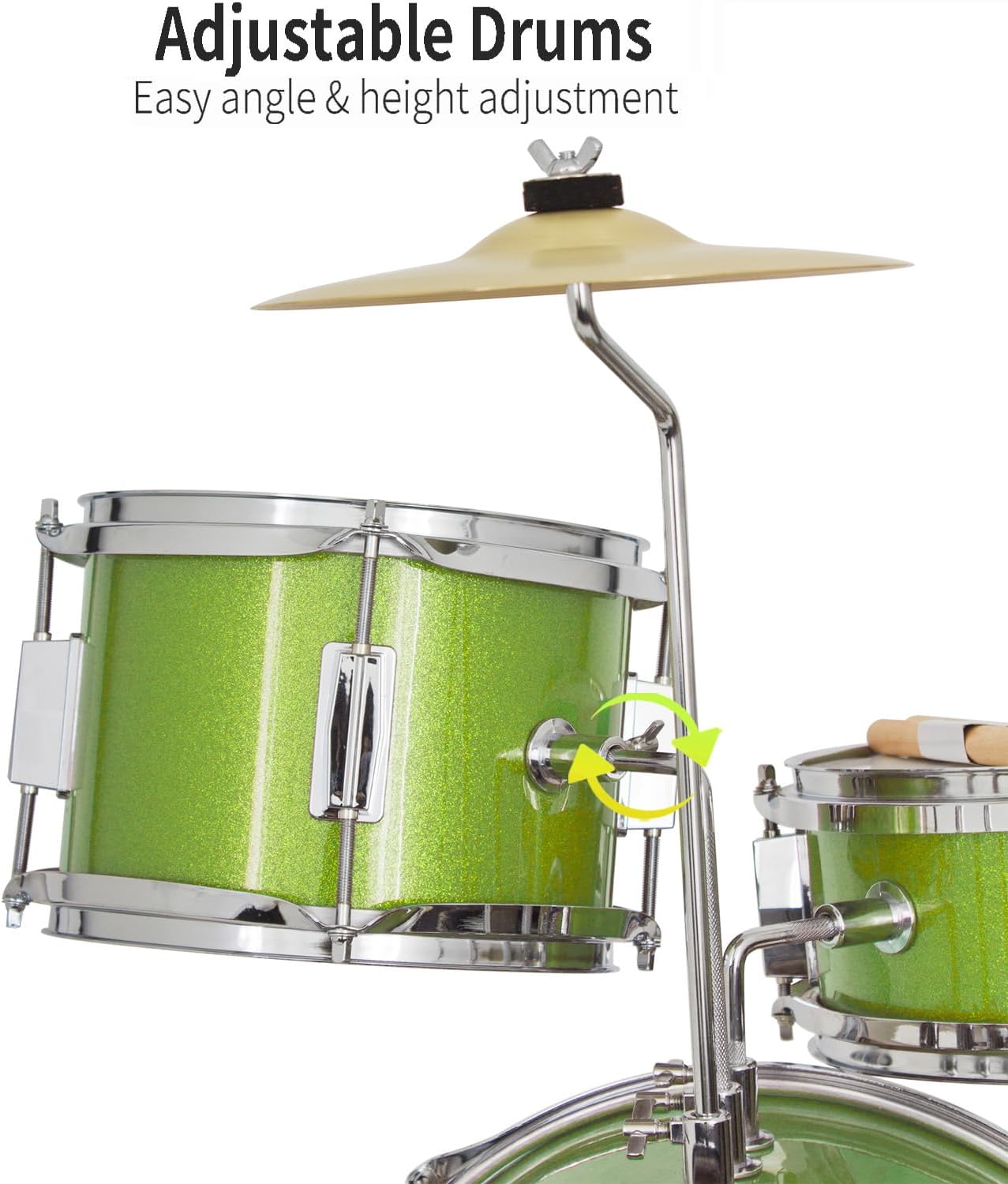 Mendini By Cecilio Drum Set, 3 Piece Junior Drum Set for Beginners with Bass Tom Snare Drum, 13 inch Drum Kit with Snare, Cymbal, Drumsticks, Adjustable Seat (Metallic Green)