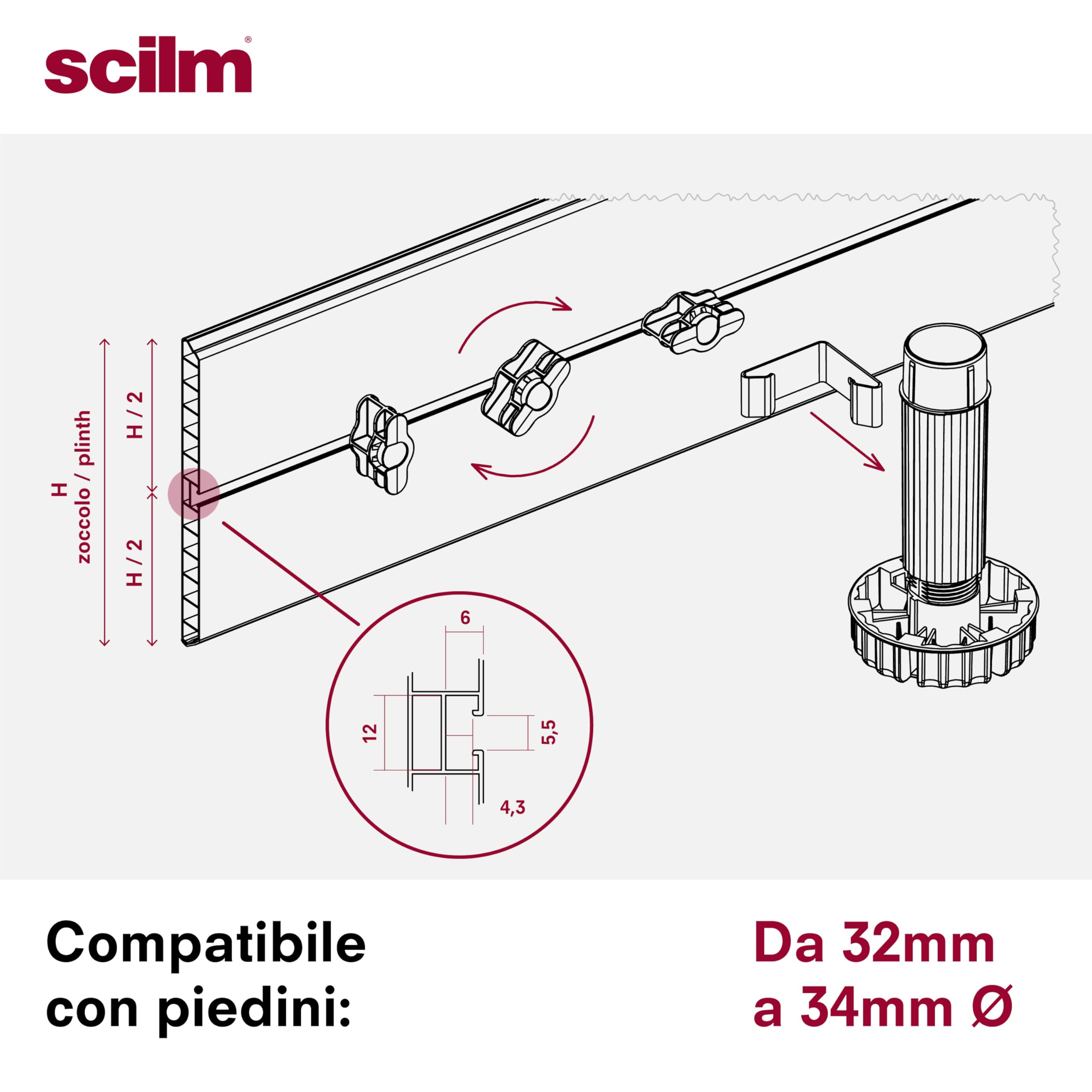 Kit 10 Ganci Magnetici e 8 Ganci Piedino per Zoccolo da Cucina - Compatibile con i piedini da 34 mm di Diametro e regolo con diametro 80 mm - Leva per Sgancio Zoccolo inclusa