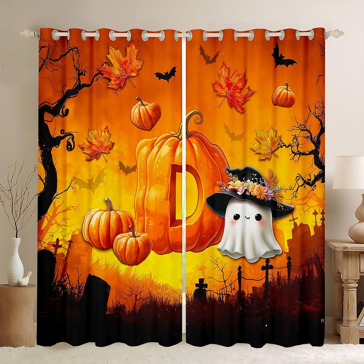 Halloween Pumpkin Letter D Blackout Curtains Cute Witch Ghost Window Drapes,Fall Maple Gothic Bat Window Treatments,Kids Boys Girls Room Decor,Grommet Top 2 Panel Set Curtains, 52Wx90L inch