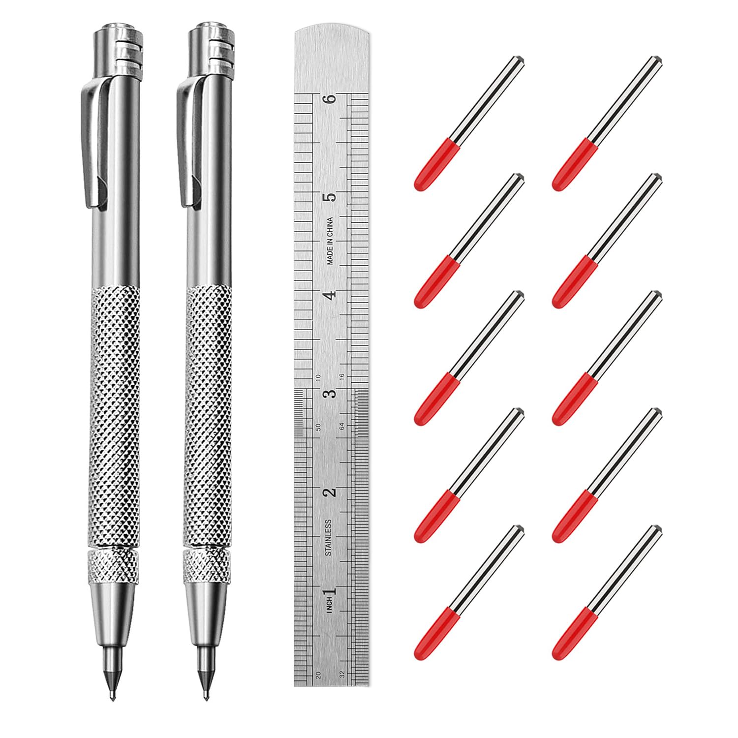 2 Pack Tungsten Carbide Tip Scriber Tool with 10 Refills 1 Ruler, Metal Scribe Scriber Marking Tools with Magnet, Premium Etching Engraving Pen for Glass/Wood/Metal Sheet/Leather