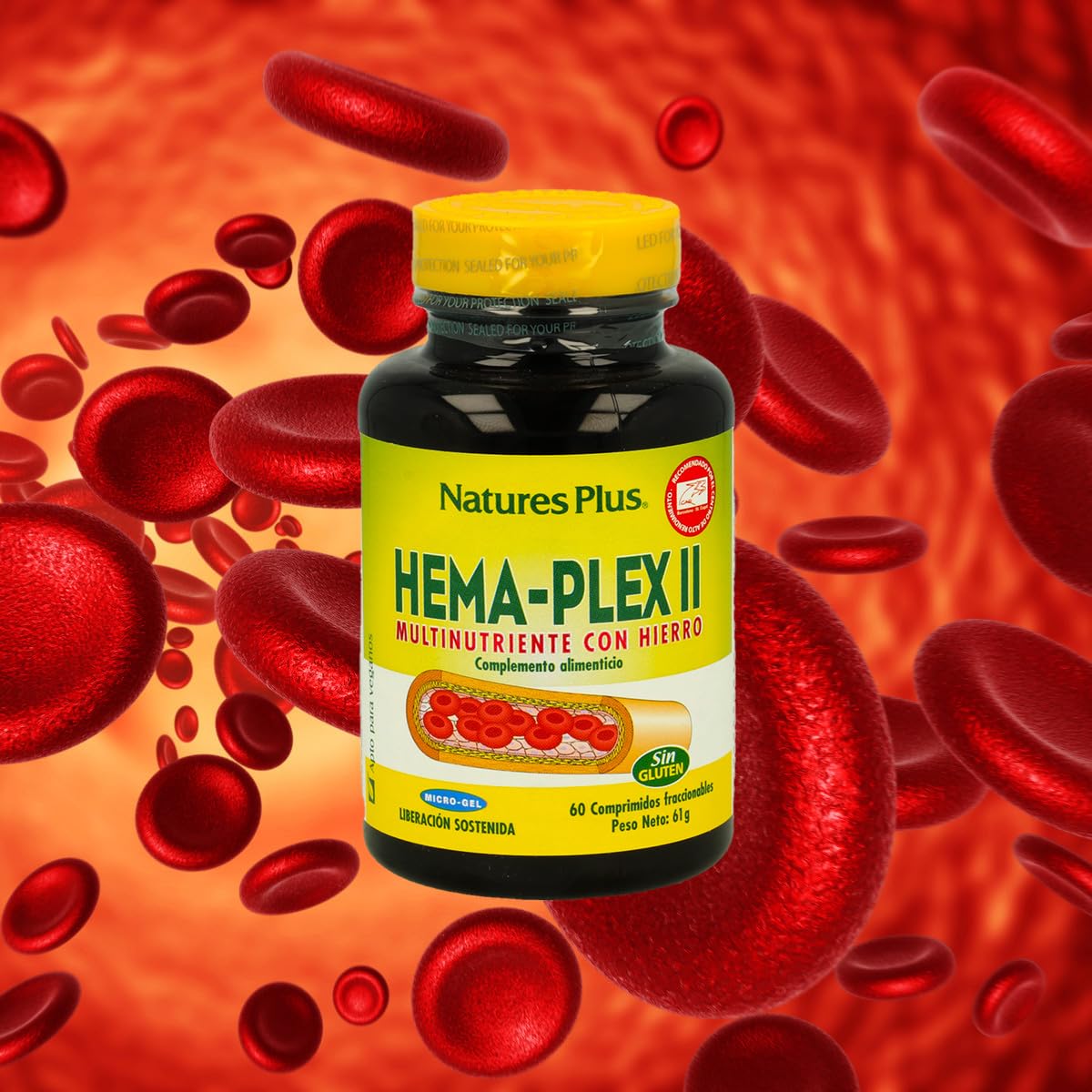 Nature´s Plus HEMA-PLEX II | 60 Comprimidos | Hierro Suplemento | Acido Folico | Vitaminas B2, B6, B12 | Complemento Alimenticio | Apto para Vegetarianos | Sin Gluten | Sabor Natural