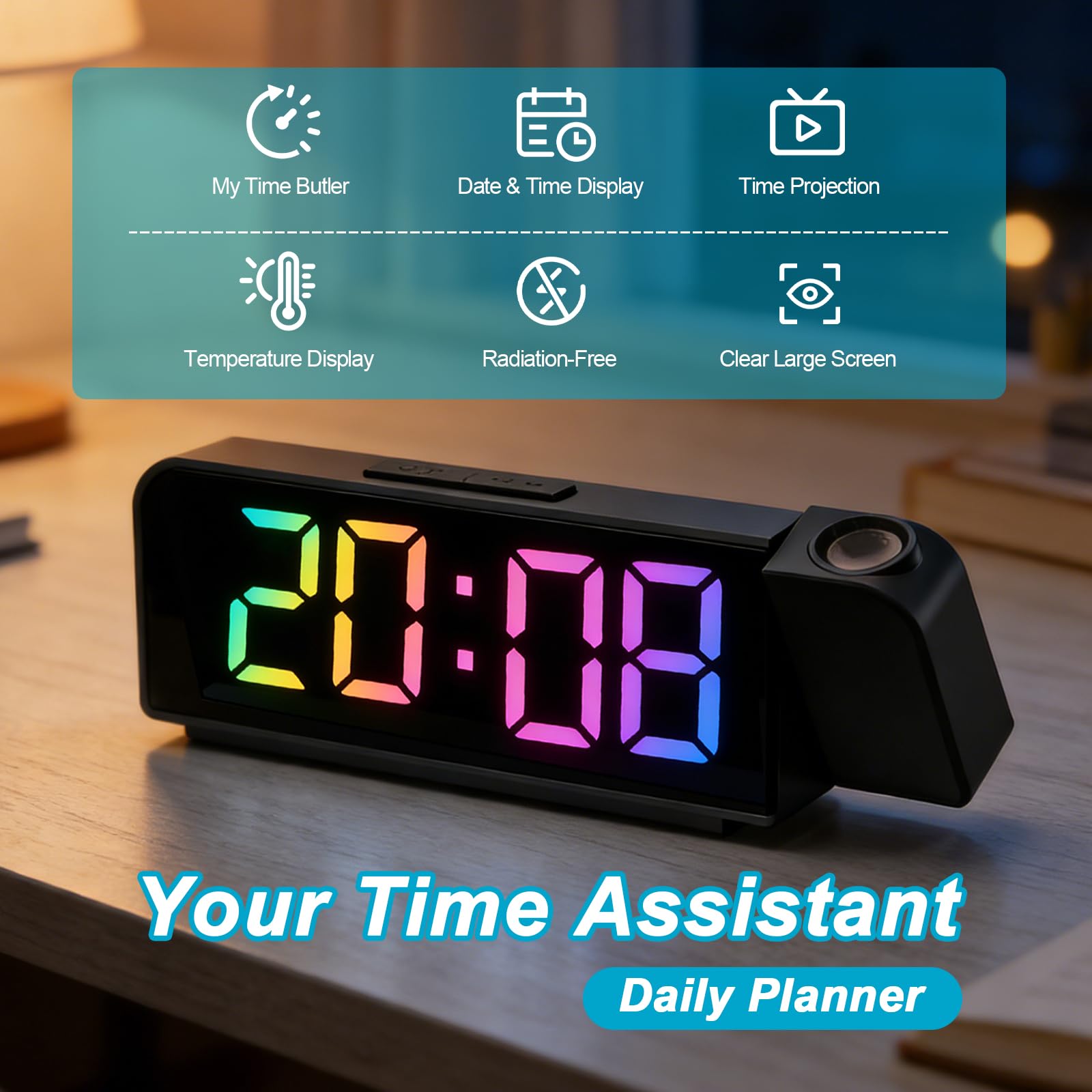 Reloj Despertador de Proyección Digital 180°, Pantalla LED Grande con Temperatura, 4 Niveles de Brillo, Alimentación por USB, para Dormitorio, Oficina, Niños y Ancianos（Negro）