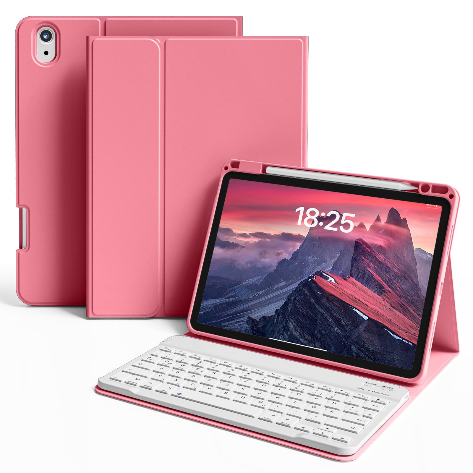 ZKTUYU Hülle mit Tastatur für iPad Air 11" M4/M3/M2, iPad Air 5./4. Gen | Magnetisch Abnehmbare Tastatur, QWERTZ Layout, Stoßfeste TPU Schutzhülle mit Stifthalter, für iPad Air 11/10,9 Zoll, Rosa