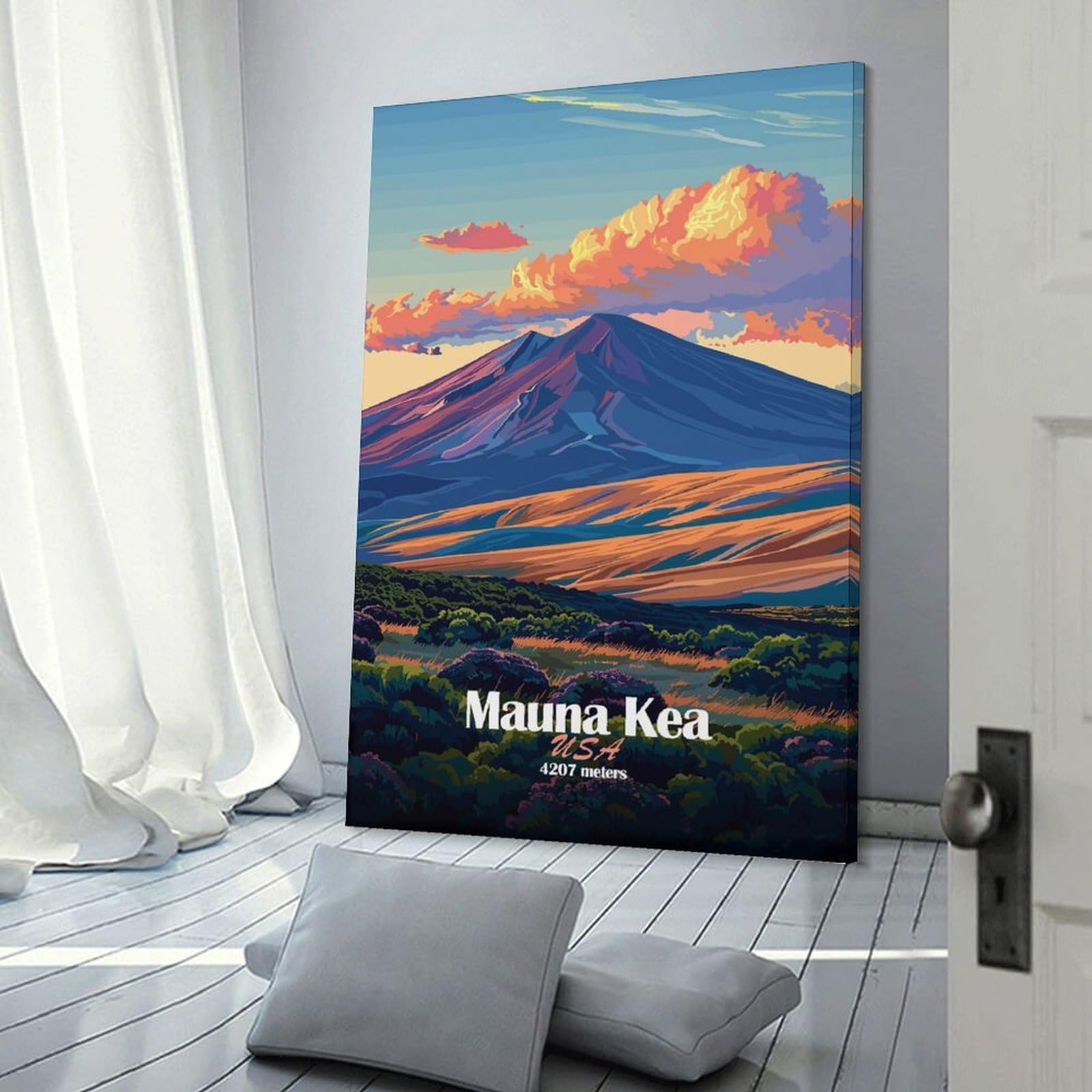 Junmoney Frame-Style-10 Mauna Kea Mountain Illustration Decorative Wall Artwork, 20X30inch(50X75cm), For Home Lounge, Bedroom Or Reading Nook, Easy Decor For Gallery Walls