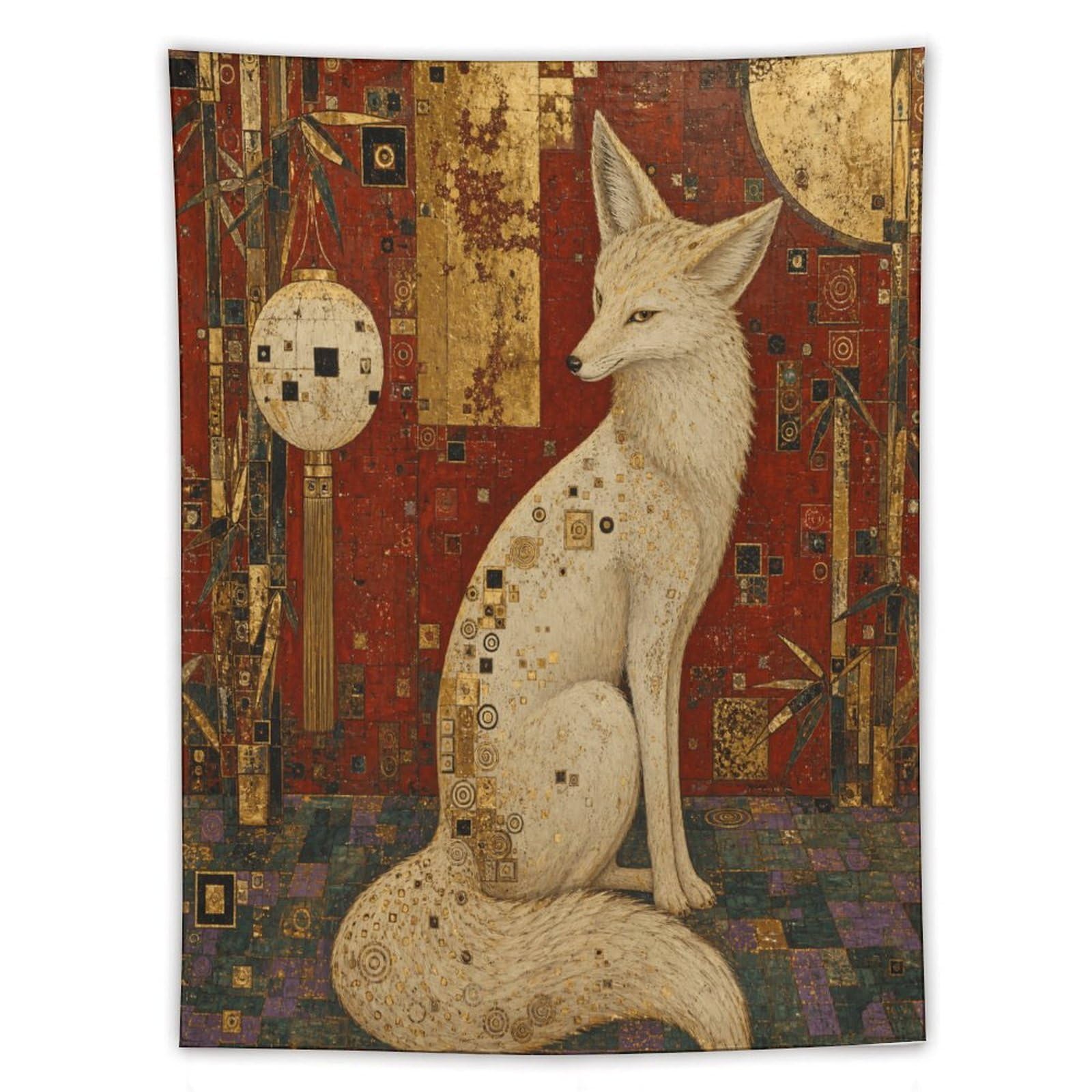 W7C8U2X3 White fox in Ornate Room Wall Tapestry, Ceiling Hanging