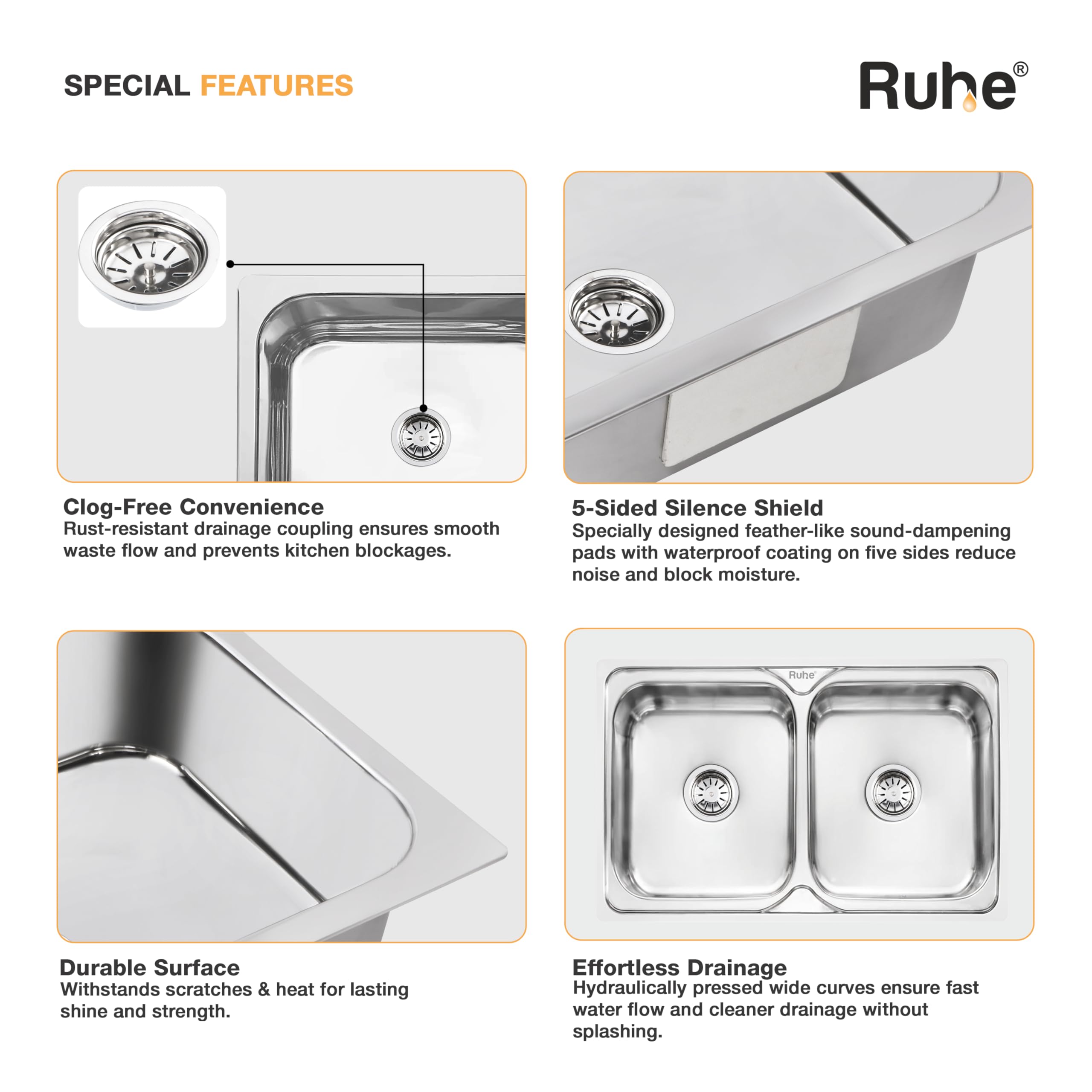 Ruhe® Square Double Bowl 37 x 18 x 8 inches Kitchen Sink | 304-Grade Stainless Steel Square Double Bowl Kitchen Sink | Glossy Finish | Included 2 Sink Coupling, Waste pipe and Double Bowl Connector 2