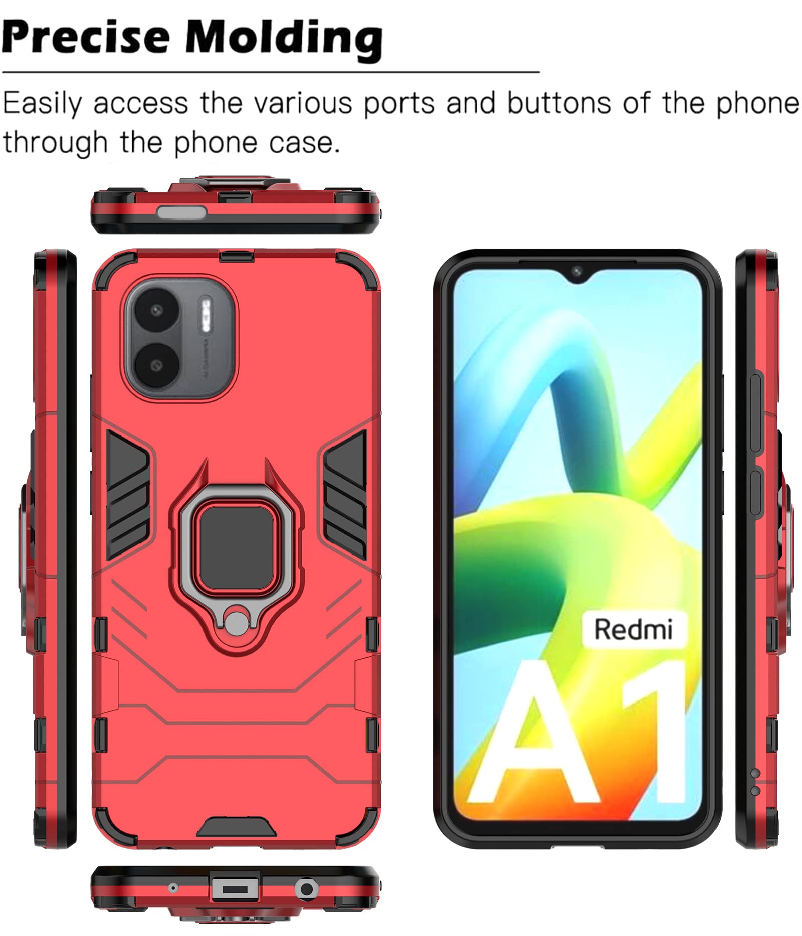 COMAKU Cover per Xiaomi Redmi A1, 360 Gradi Rugged Custodia Antiurto Case con Protezione Integrata dello Schermo, Rugged Doppia Bumper Trasparente Case Integrale Cover - Rosso