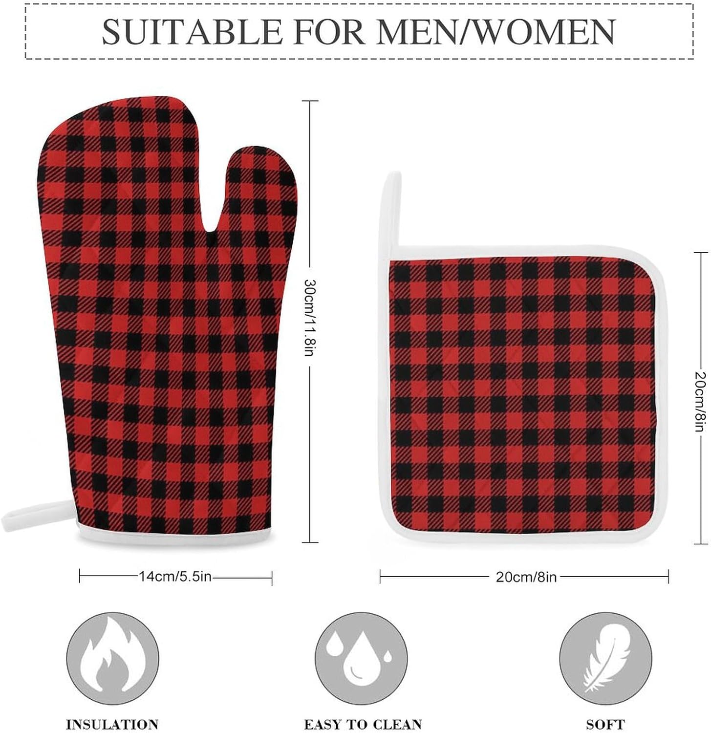 Buffalo Plaid Red Checkered Print Oven Mitts and Pot Holders 3 Piece Sets Heat Resistant Gloves Hot Pads Potholders for Kitchen Baking Cooking