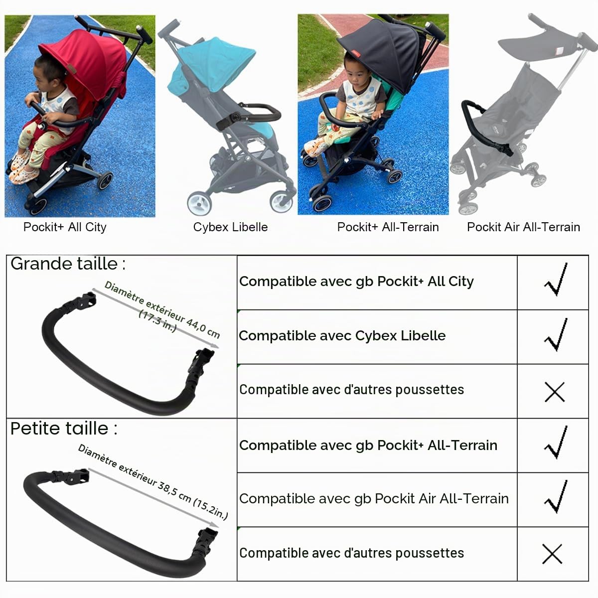 Barre pare-chocs pour poussette GB Pockit+ / Cybex Libelle - Accoudoir réglable en cuir PU (grande taille)