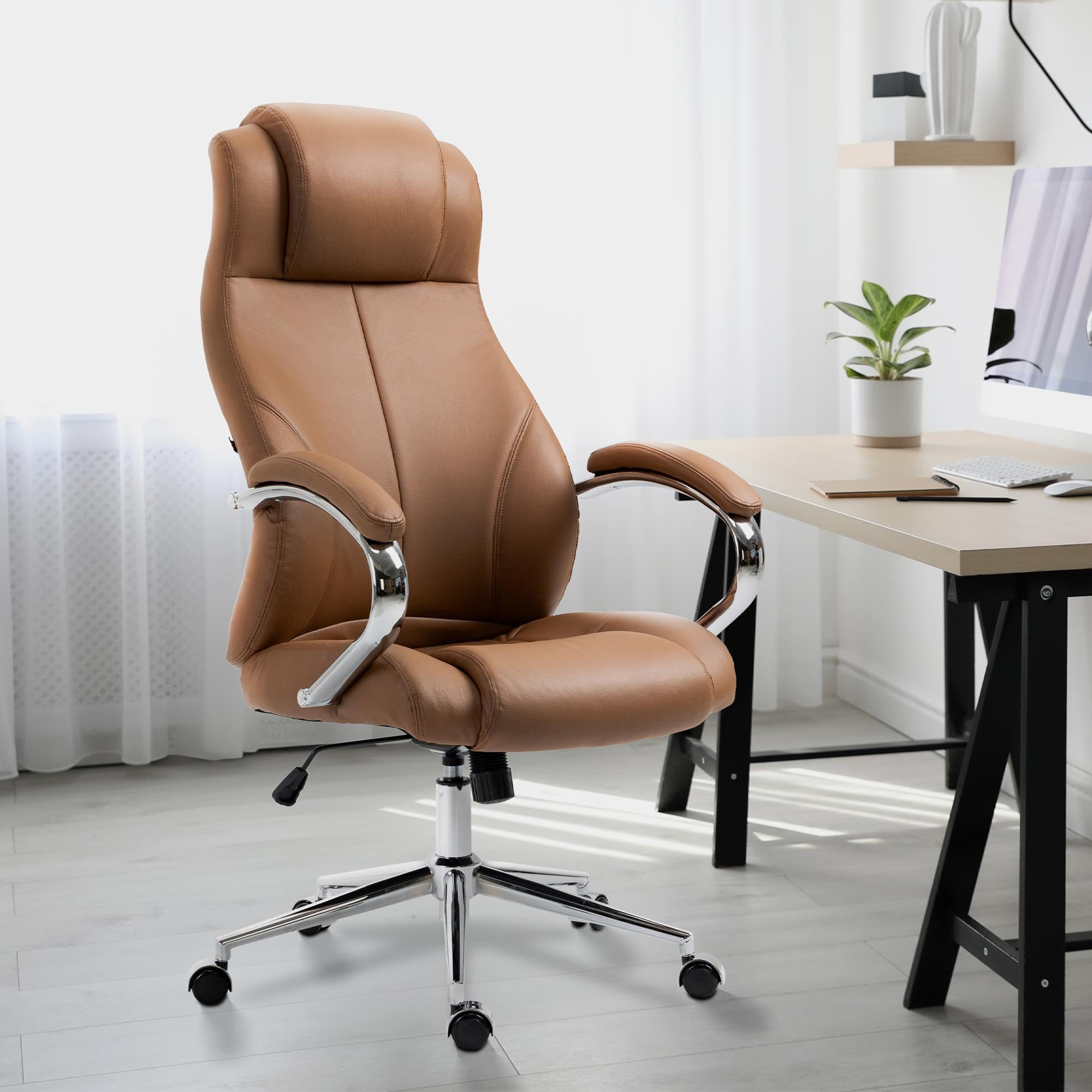 CLP Chaise de Bureau Salford I Chaise de Bureau avec revêtement en Cuir véritable I Chaise réglable en Hauteur et pivotante Couleur:Brun Clair