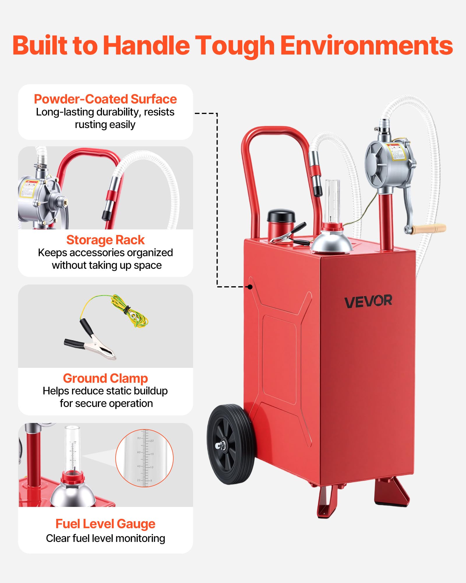 VEVOR Carro de Combustible de 56,8 L con Depósito de Diésel y Gasolina | Tanque de Combustible con 2 Ruedas, Bomba Manual de Trasvase Bidireccional, Acero al Carbono, para Granja, Garaje y Exterior