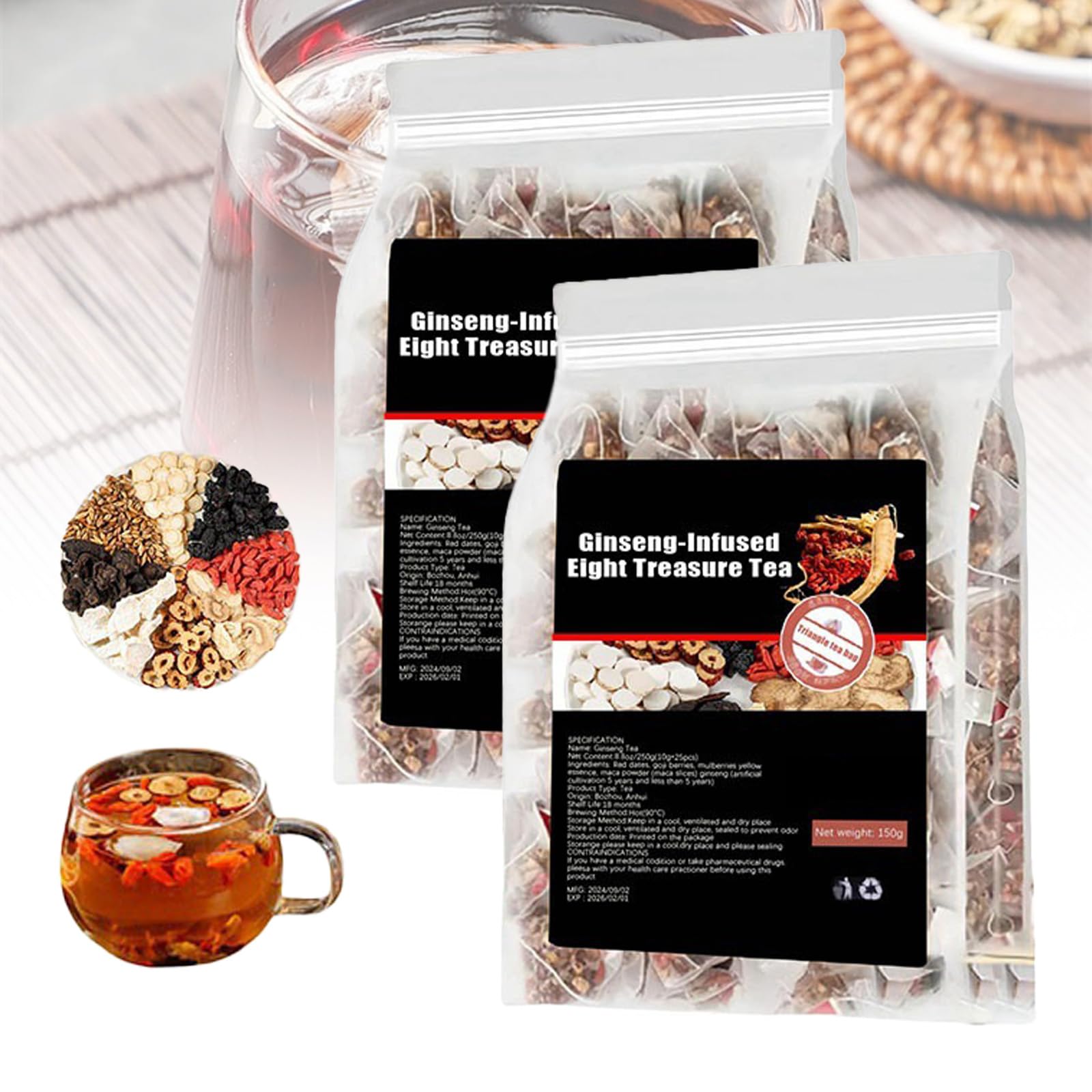Ginseng-infused Eight Treasure Tea, Kidney Tea formula Ginseng Five Treasure Teas, 8 Precious Ingredients, RedDate Wolfberry Mulberry Herbal Teabga for Men & Women (1PCS)