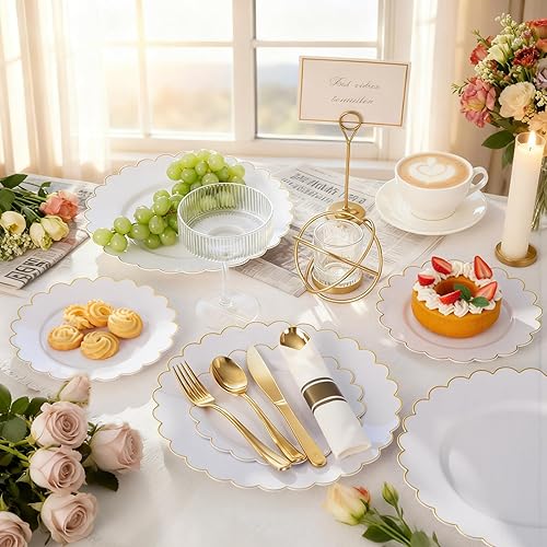 Miniatura 4 de supernal 100 platos dorados de plástico festoneado, platos desechables blancos y dorados para fiestas de boda, incluyen 50 platos llanos de 10.25