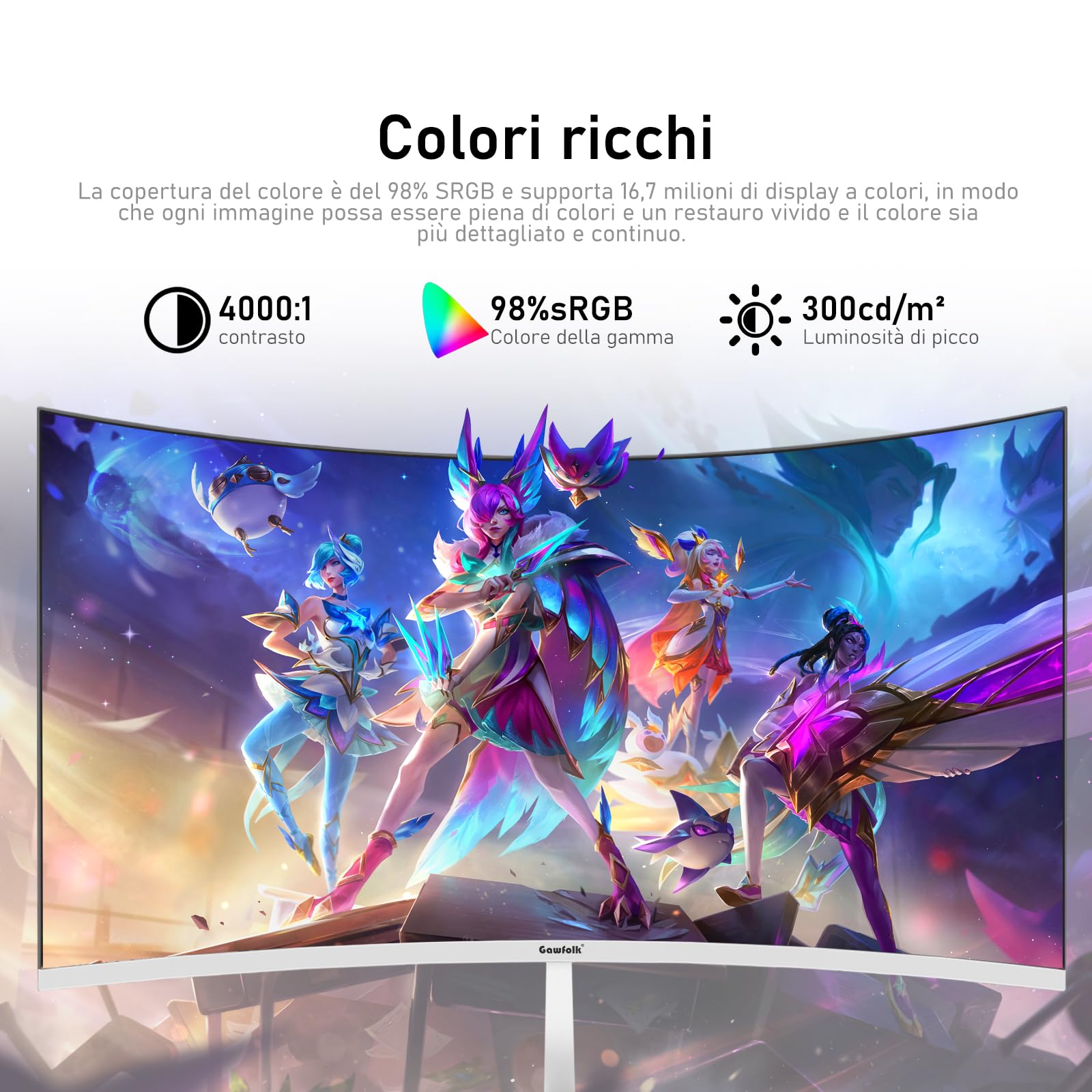 Gawfolk 27 pollici 280Hz curvo monitor per computer da gioco, 1800R，FHD 1080P, 98% sRGB, 1ms，FreeSync，178 ° grandangolo,HDMI、DisplayPort，Compatibile con il montaggio a parete 100 * 100mm - bianco