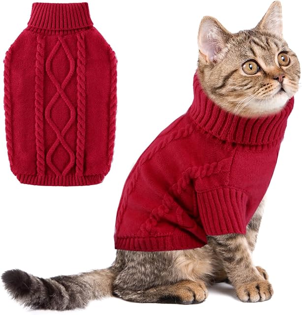 Winter Dog Cat Sweater Puppy Clothes, Cable Knit Puppy Sweater for Small Dogs Boy Girl, Turtleneck Pullover Christmas Holiday Pet Apparel, Red S