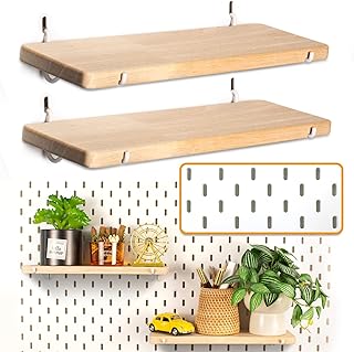 2 Pack Pegboard Shelves, Solid Wood Wall Shelf with Hooks, Compatible with IKEA Skadis Pegboard, Organizer Accessories for Home & Office