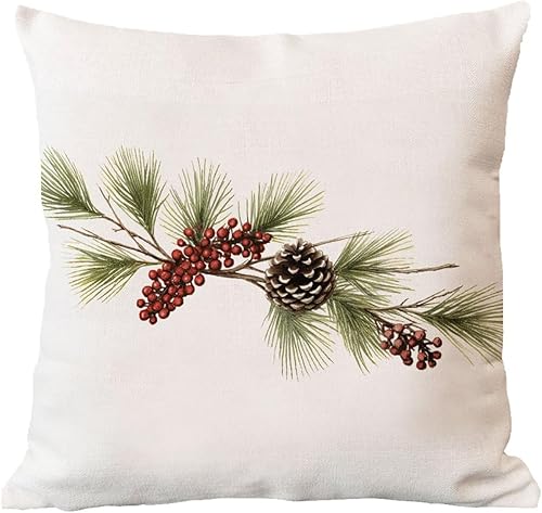Miniatura 6 de Fundas de almohada de ramas de pino con cono de pino y bayas, funda de cojín navideña de 22 x 22 pulgadas, funda de almohada asiática Eurosham