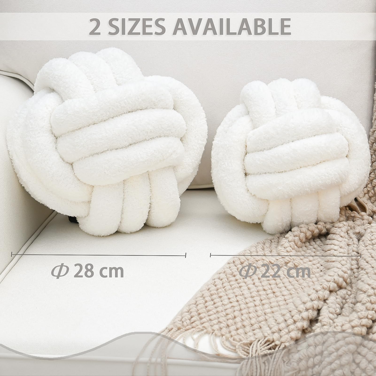 Knotenkissen, Dekokissen Beige Weiß, Zierkissen Aesthetic Sofakissen aus Teddysamt, Bett Deko Kissen Runden für Kind Schlafzimmer, Geschenk 22 cm