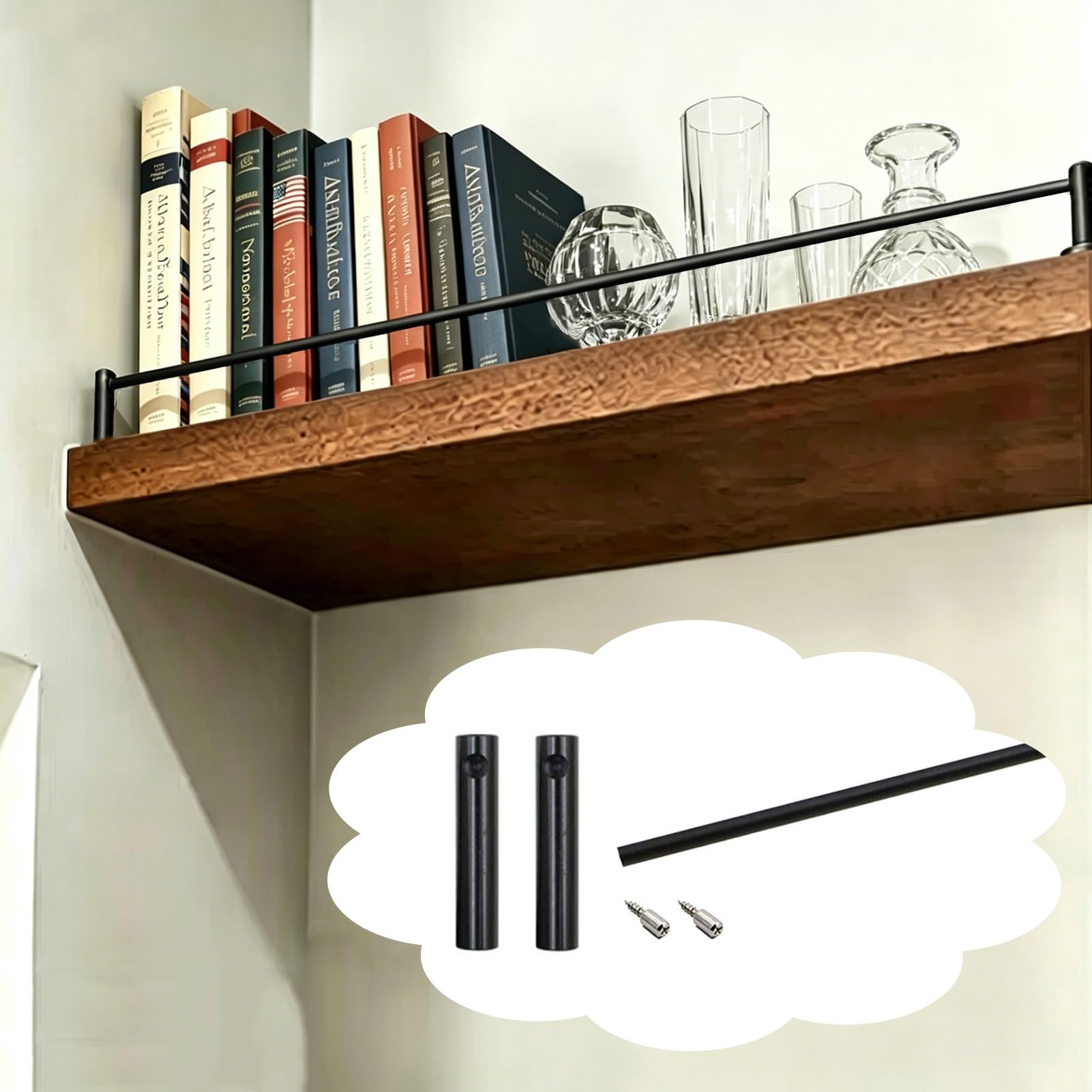 Zimgod Black-A Bookshelf Rail Guard System For Floating Shelves, Black Metal Tipping Guard Railing Kit, Anti Fall Gallery Guardrail Pole For Cabinet Closet Glassware(,52In/132Cm)
