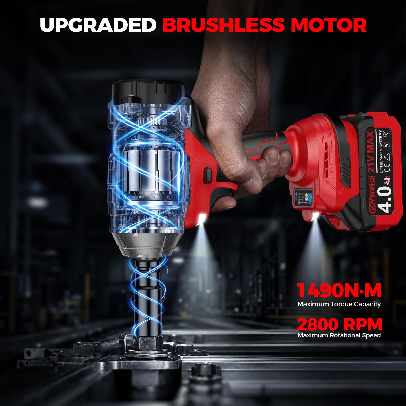 Avvitatore a Impulsi 1490 Nm con 2 Batterie 4.0Ah e 6 Bussole, Rosso | 1/2'' Avvitatore ad Impulsi Brushless con Caricabatterie & LED Integrata, Ideale per Auto, DIY e Uso