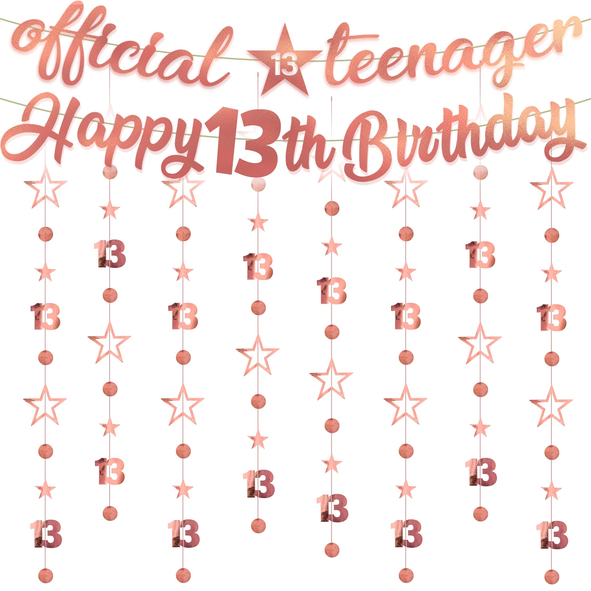 13th Birthday Decorations Banner Girls - 10 Pcs Pre-Strung Rose Gold Glitter Star Garland Official Teenager Banner Twinkle Hanging Streamer Bunting For 13 Years Old Party Backdrop Decor
