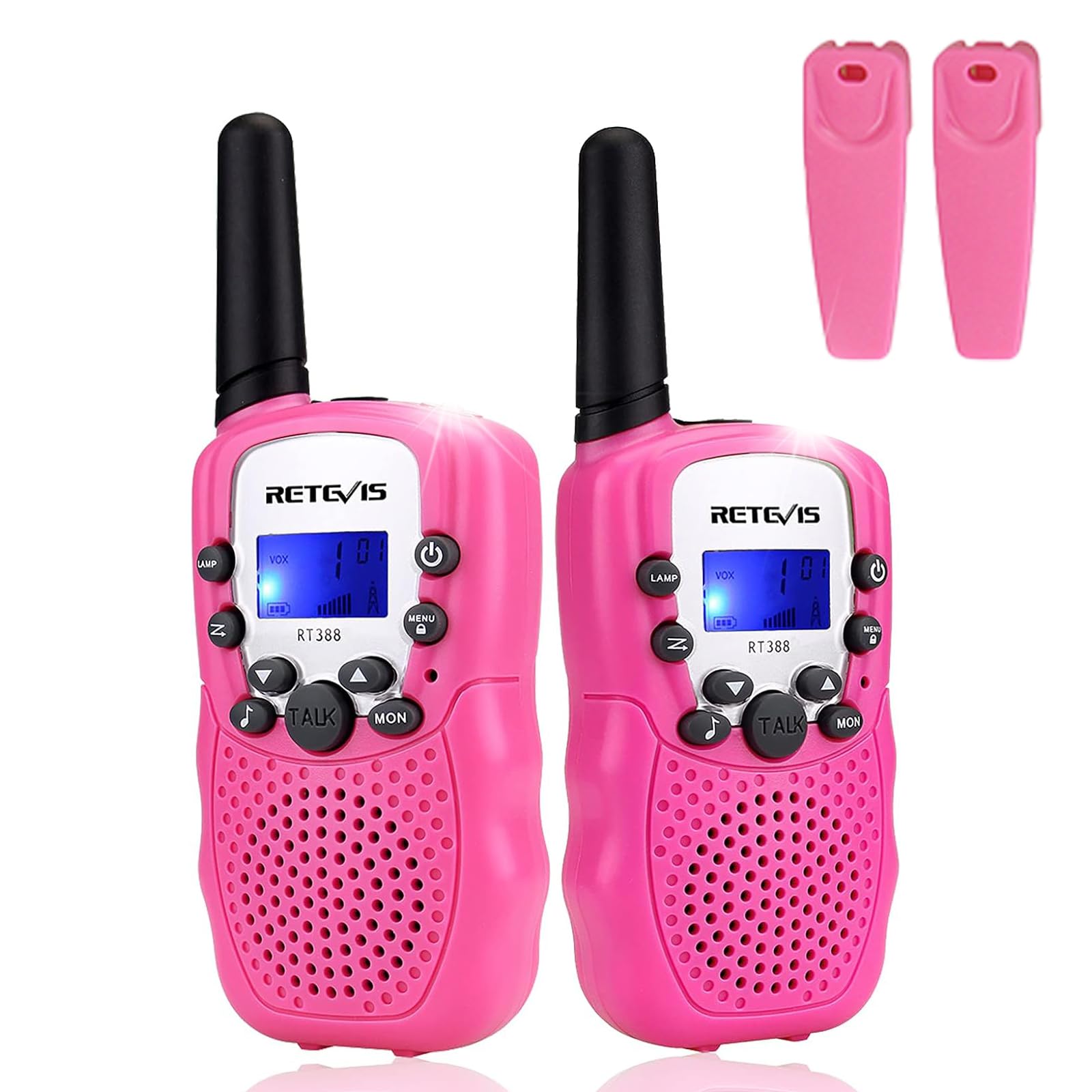 Retevis RT388 Walkie Talkie Bambini, Giocattolo a Lungo Raggio 8CH RegaliBambini 4-12 Anni, Torcia LCD Retroilluminata Campeggio, Avventure all'Aperto, Giochi per Famiglia (1 Paio, Rosa)