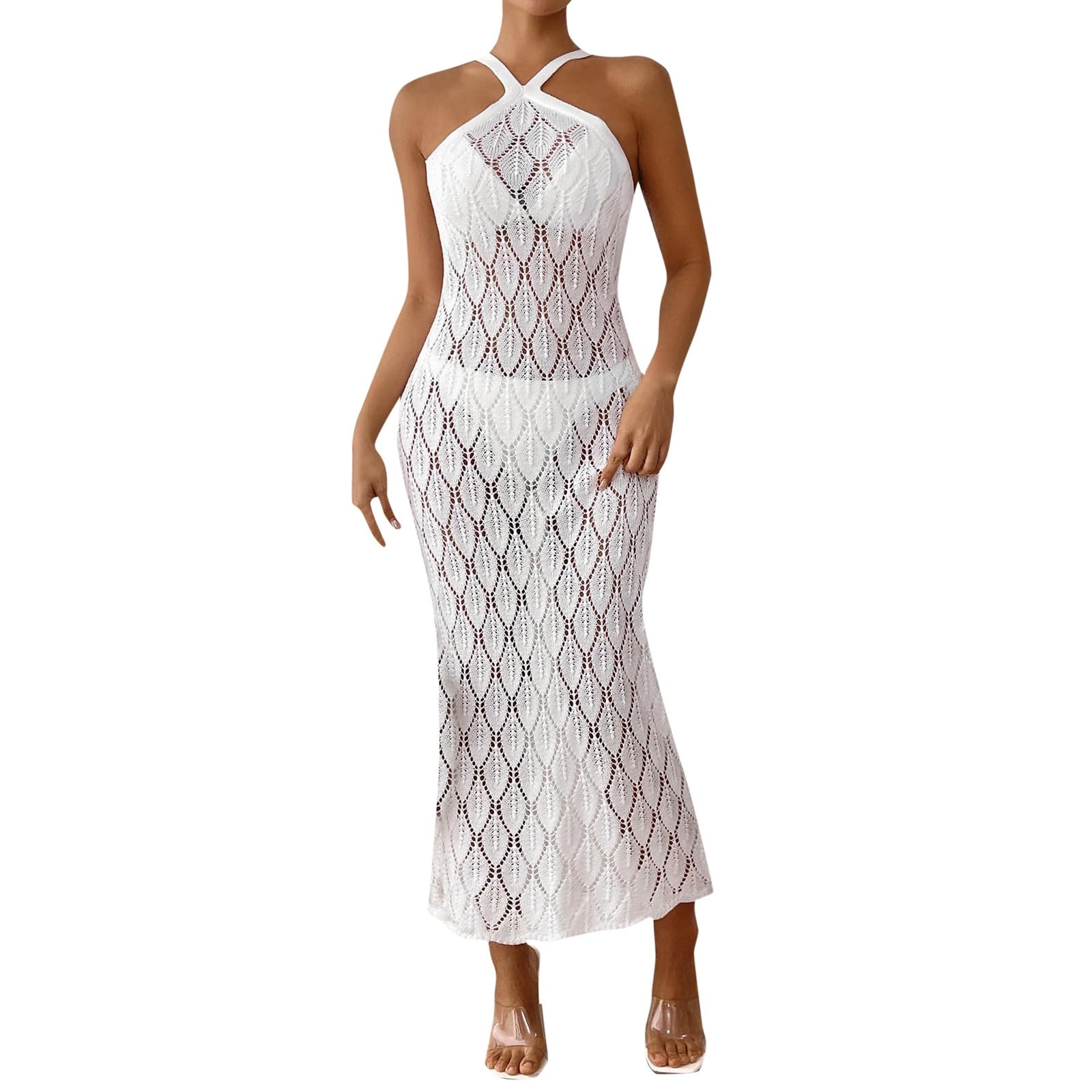 Copricostume Donna da Spiaggia Sexy con Motivo a Foglie in Pizzo e Spalline Regolabili Vestito Lungo