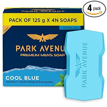 Park Avenue Premium Men’s Soaps for Bath – Cool Blue | 125g (Pack of 4) | Menthol & Mineral Energizer | Grade 1 Soap | For All Skin Types - image, photos